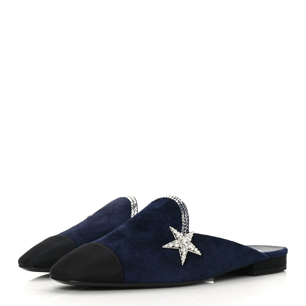 CHANEL SUEDE CALFSKIN GROSGRAIN CRYSTAL CC STAR MULES