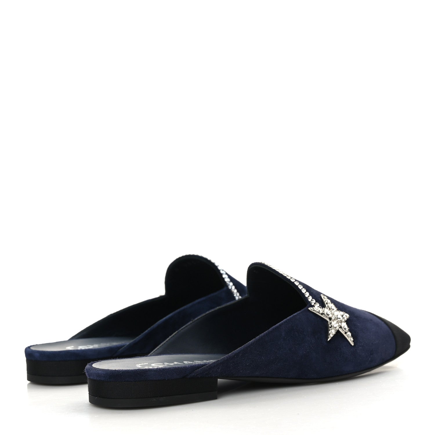 CHANEL SUEDE CALFSKIN GROSGRAIN CRYSTAL CC STAR MULES
