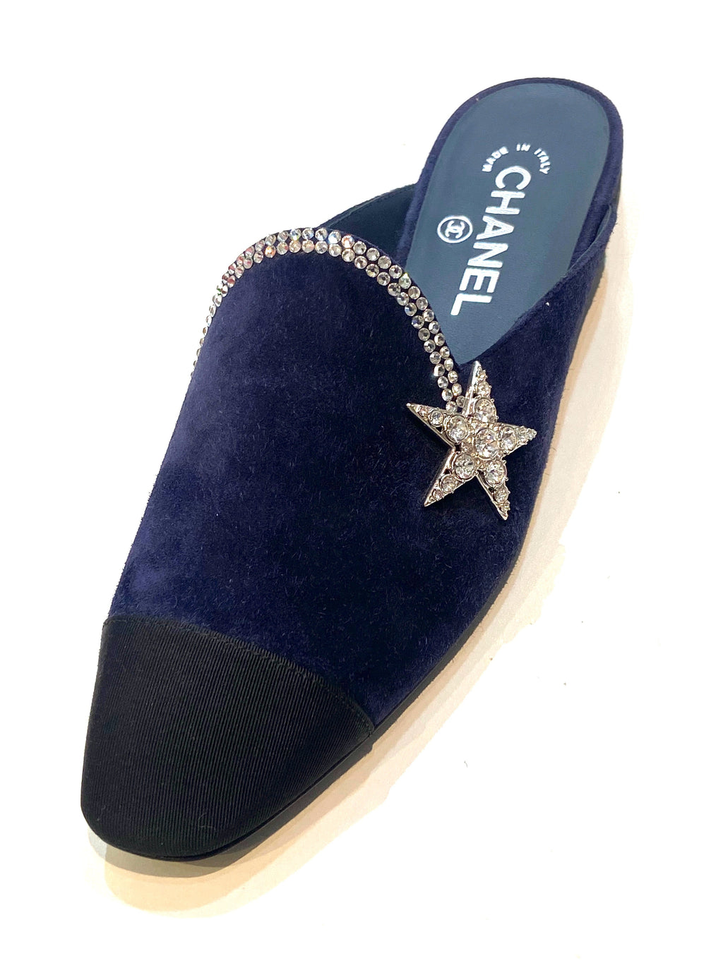 CHANEL SUEDE CALFSKIN GROSGRAIN CRYSTAL CC STAR MULES