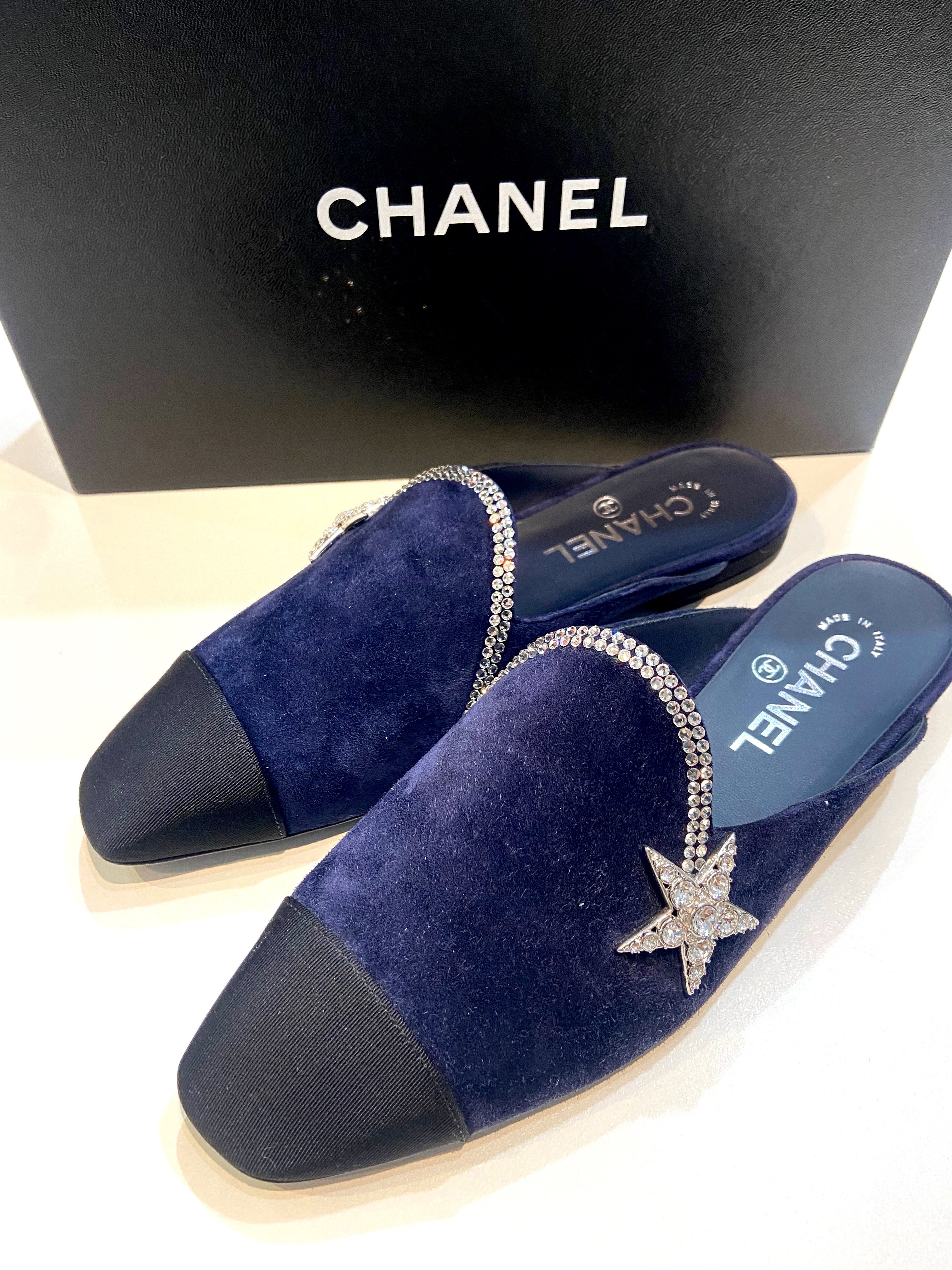 CHANEL SUEDE CALFSKIN GROSGRAIN CRYSTAL CC STAR MULES