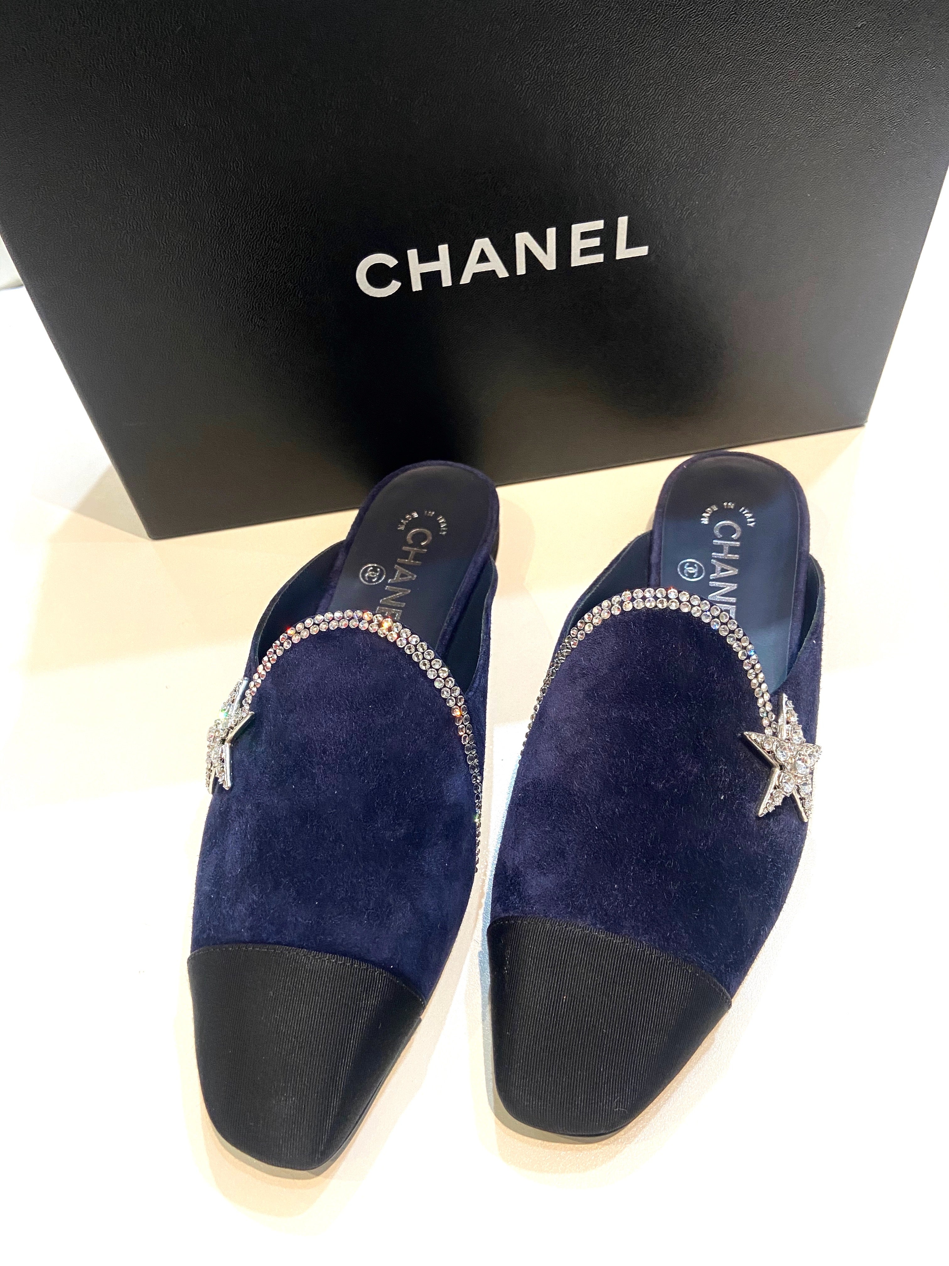 CHANEL SUEDE CALFSKIN GROSGRAIN CRYSTAL CC STAR MULES