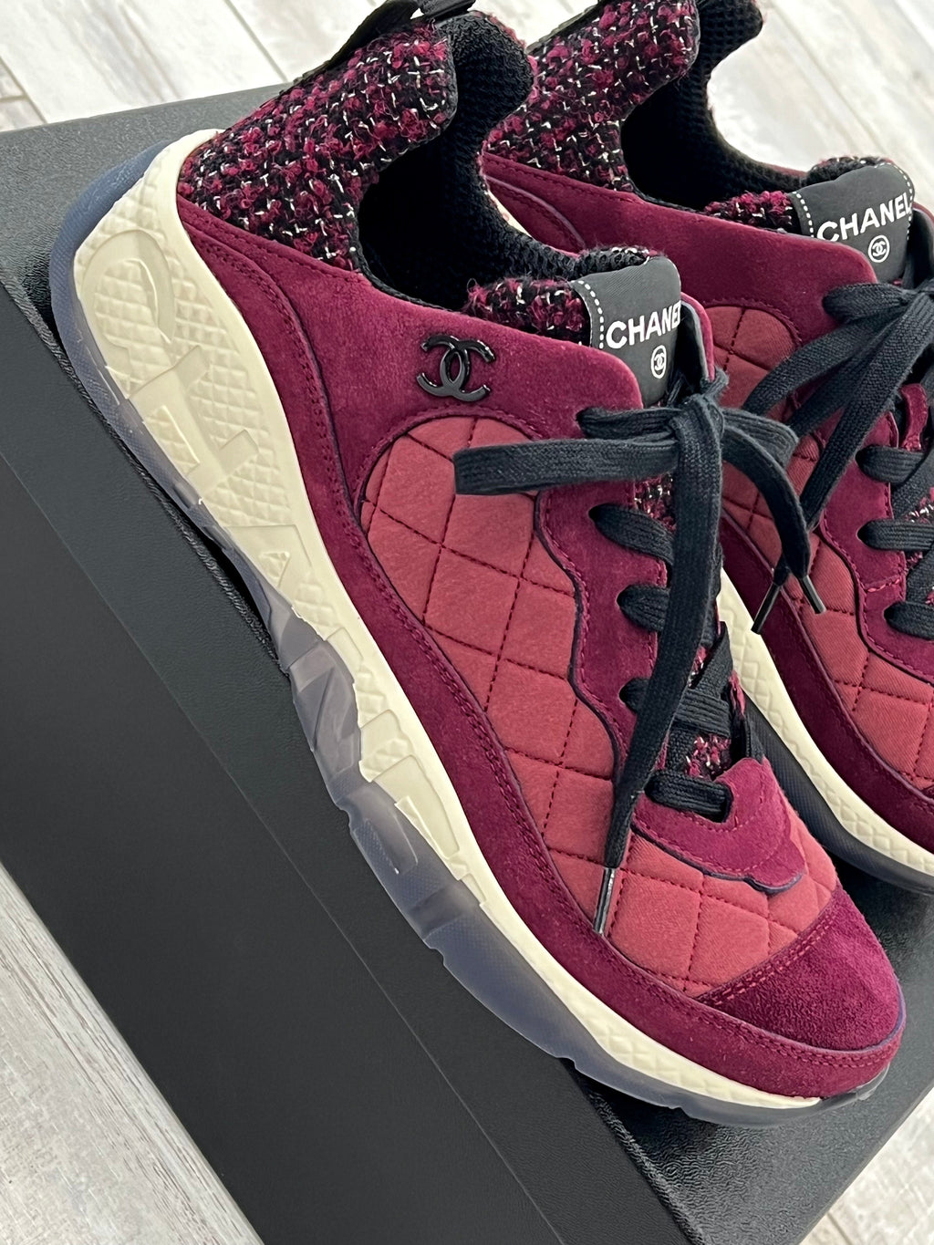 CHANEL CC TWEED SUEDE GRAINED CALFSKIN SNEAKERS