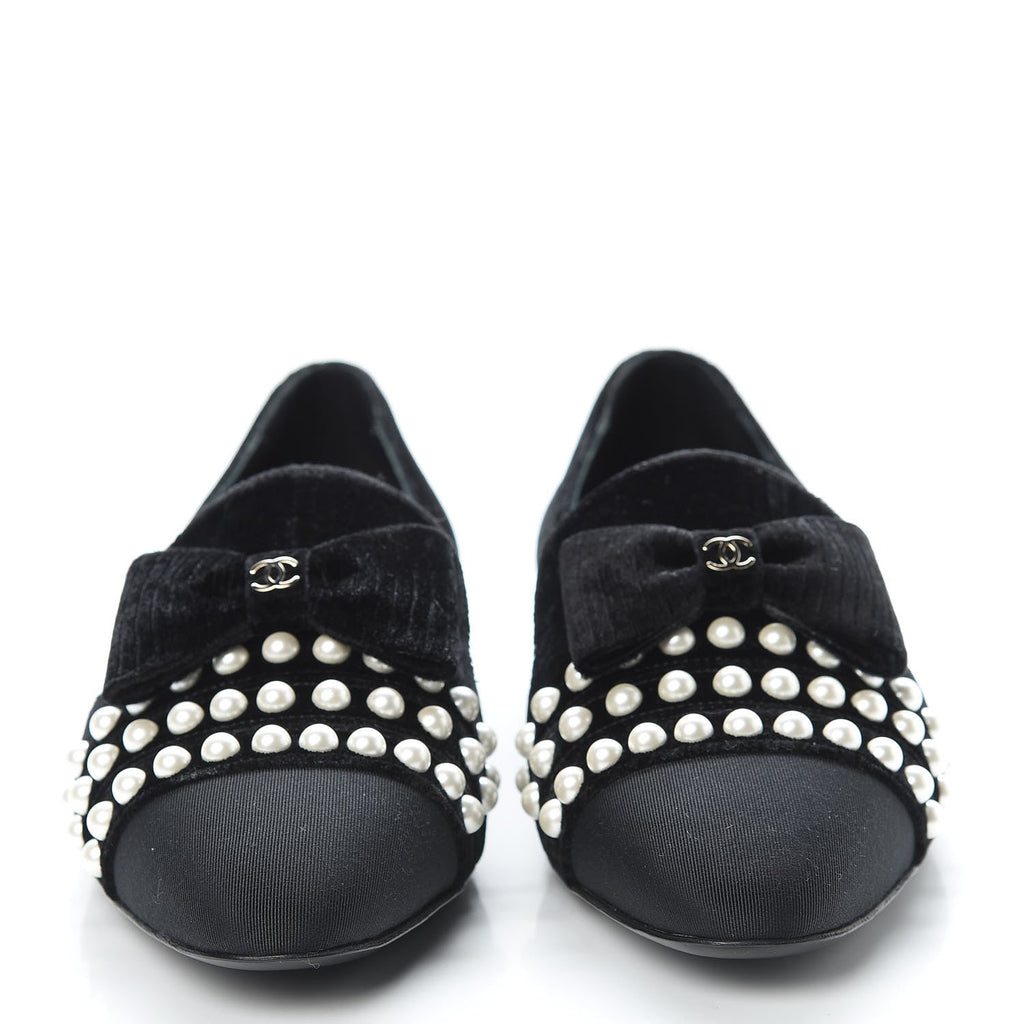 CHANEL VELVET GROSGRAIN PEARLS MOCCASIN LOAFERS
