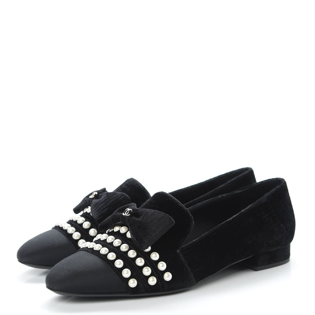 CHANEL VELVET GROSGRAIN PEARLS MOCCASIN LOAFERS