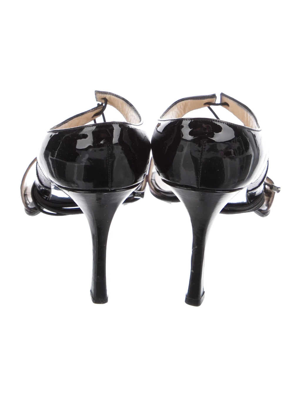 CHANEL VINTAGE SNAKESKIN TRIMMED PATENT HEELED SANDALS