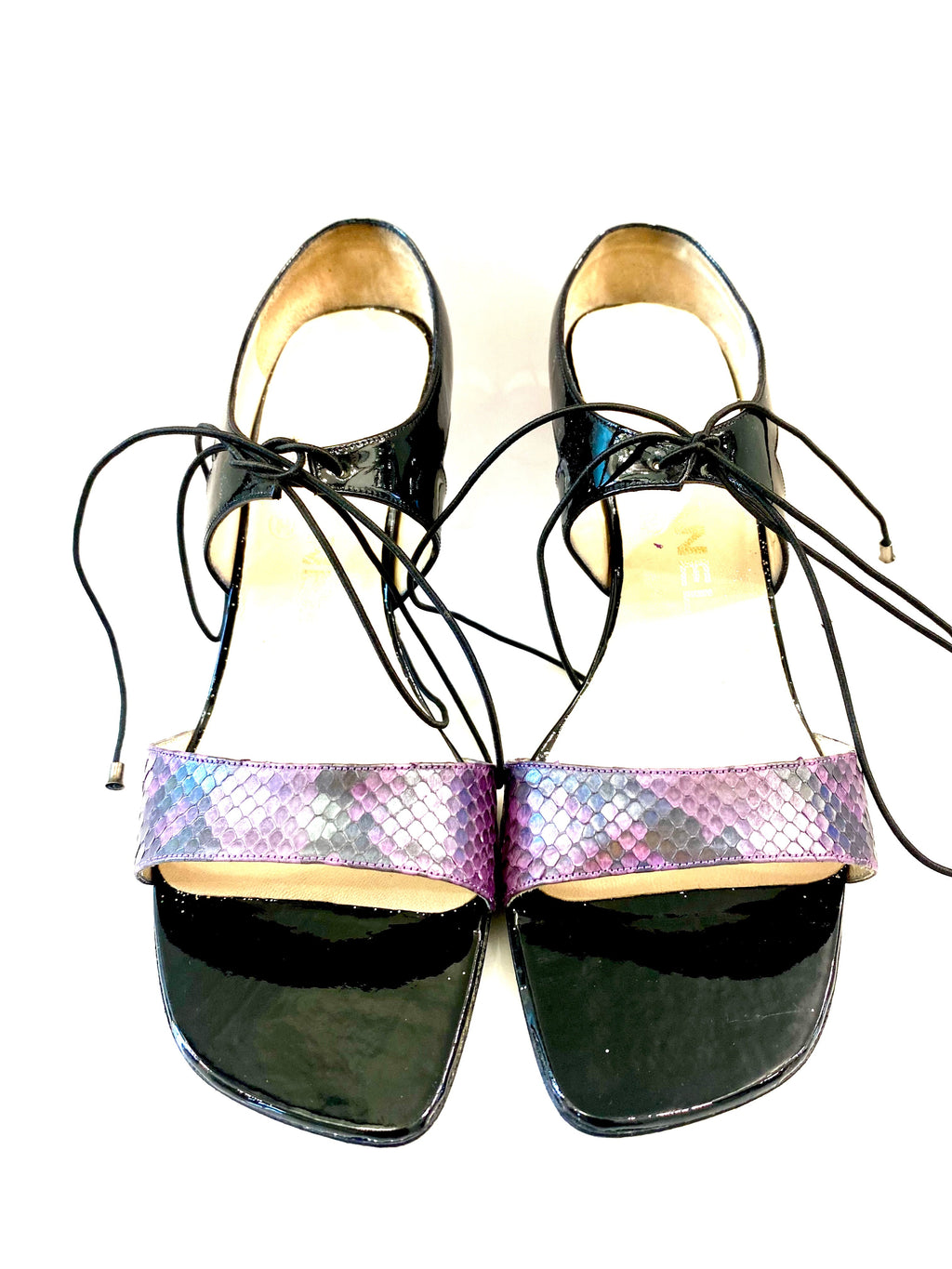 CHANEL VINTAGE SNAKESKIN TRIMMED PATENT HEELED SANDALS