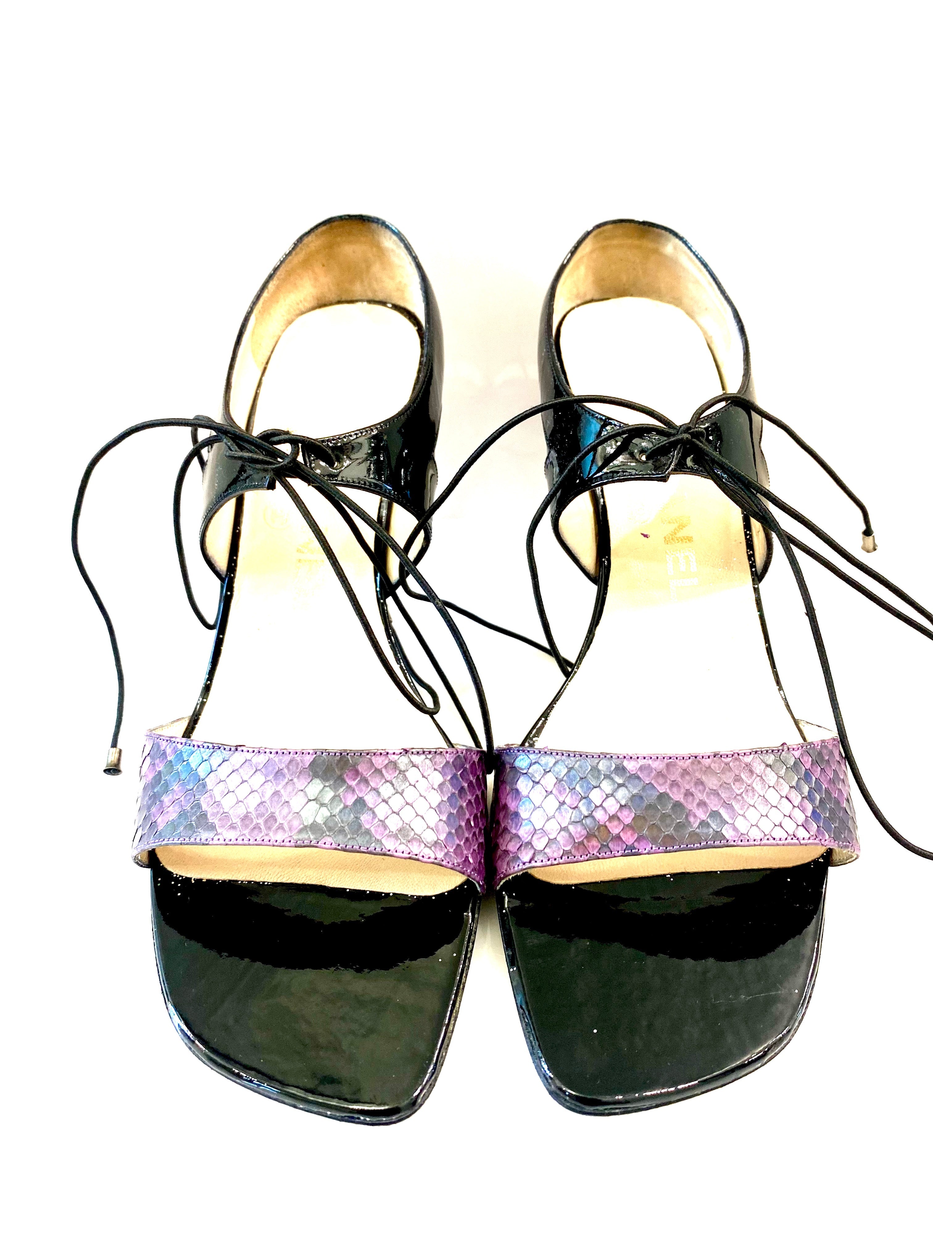 CHANEL VINTAGE SNAKESKIN TRIMMED PATENT HEELED SANDALS