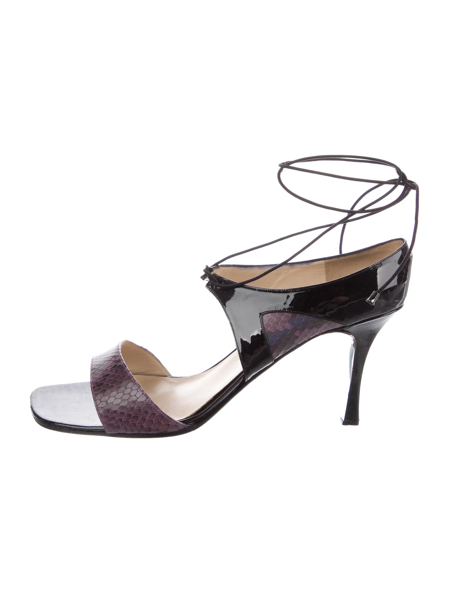 CHANEL VINTAGE SNAKESKIN TRIMMED PATENT HEELED SANDALS