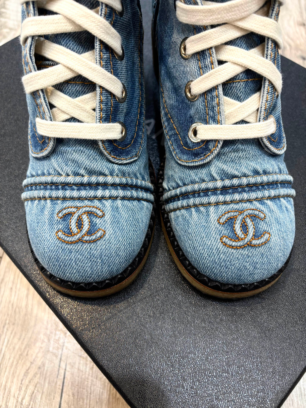 CHANEL DENIM LACE UP COMBAT BOOTIES