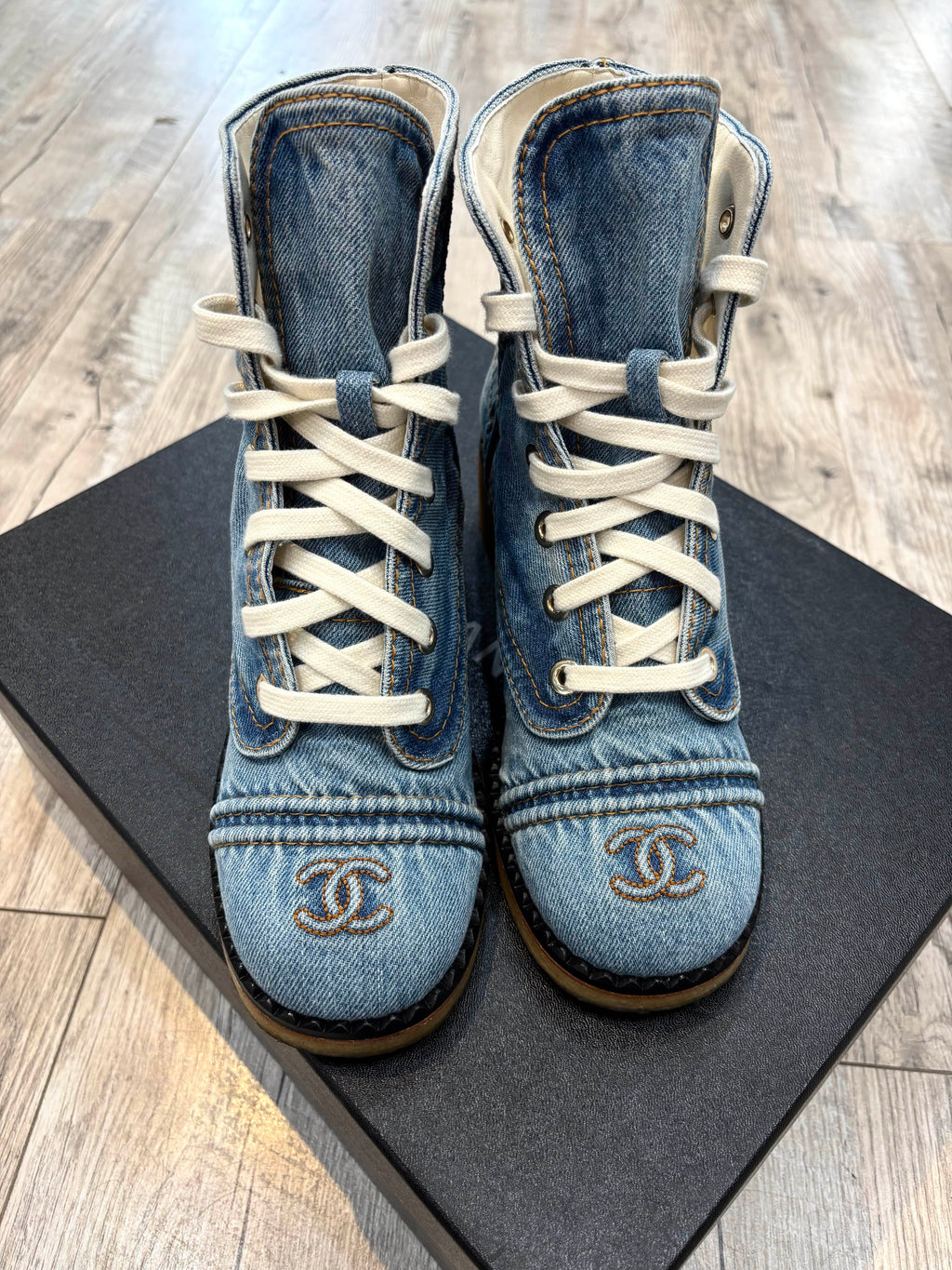 CHANEL DENIM LACE UP COMBAT BOOTIES