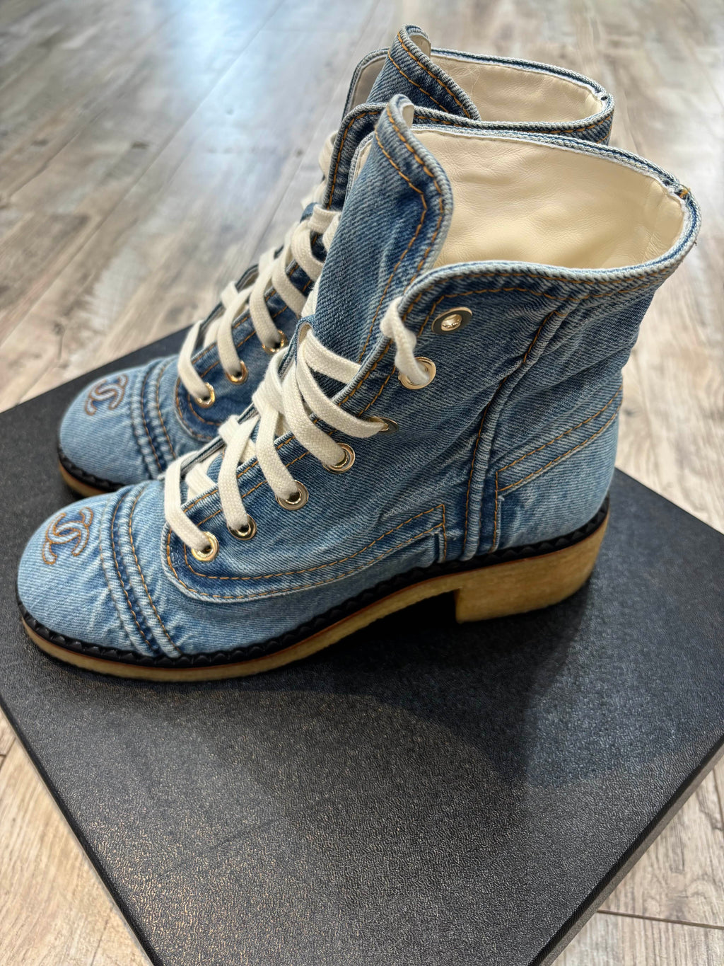 CHANEL DENIM LACE UP COMBAT BOOTIES
