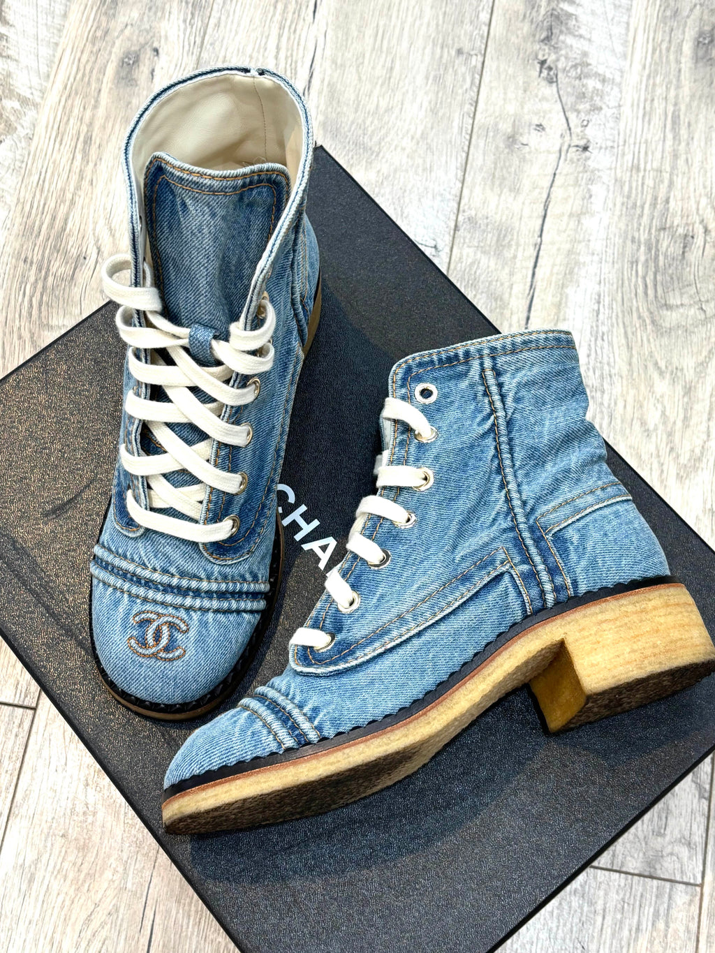 CHANEL DENIM LACE UP COMBAT BOOTIES