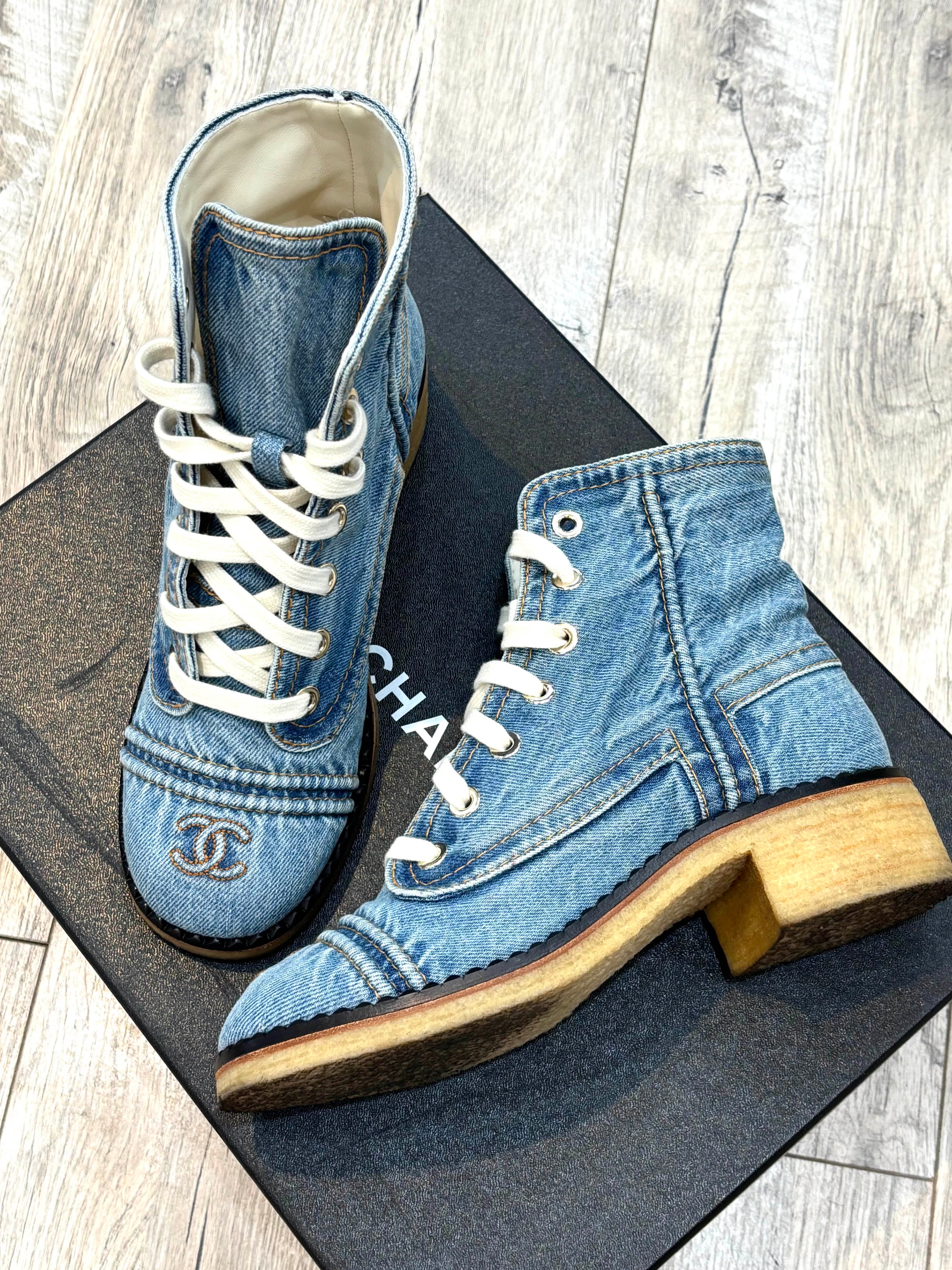 CHANEL DENIM LACE UP COMBAT BOOTIES