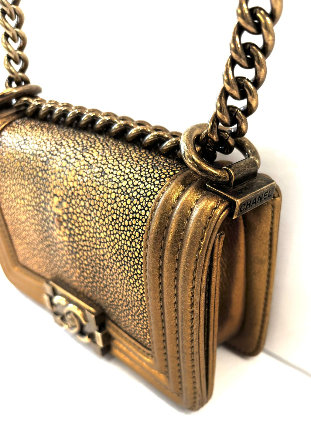 CHANEL METALLIC GOLD GALUCHAT STINGRAY MINI BOY BAG