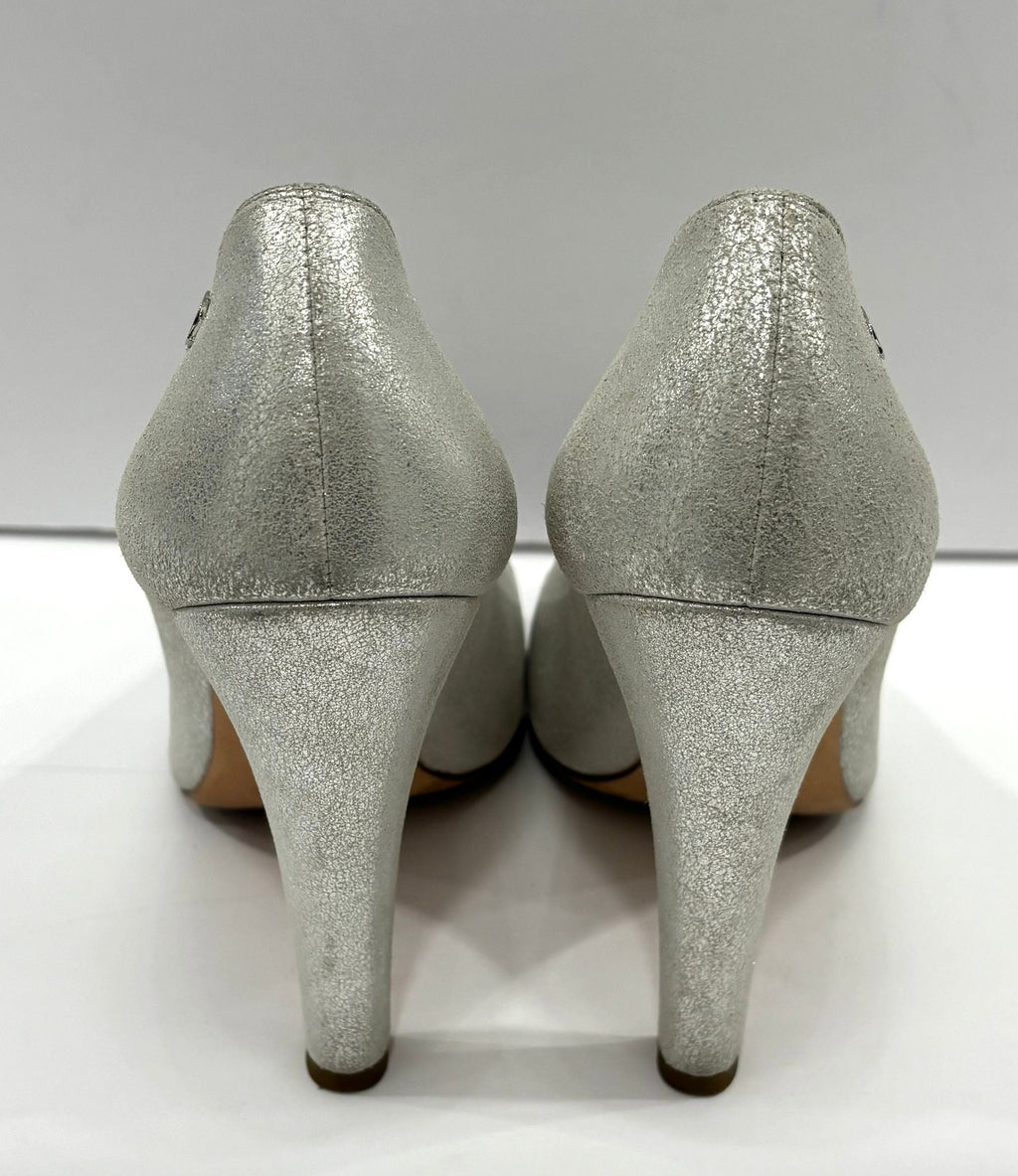 CHANEL METALLIC SILVER CC CAP TOE PUMPS