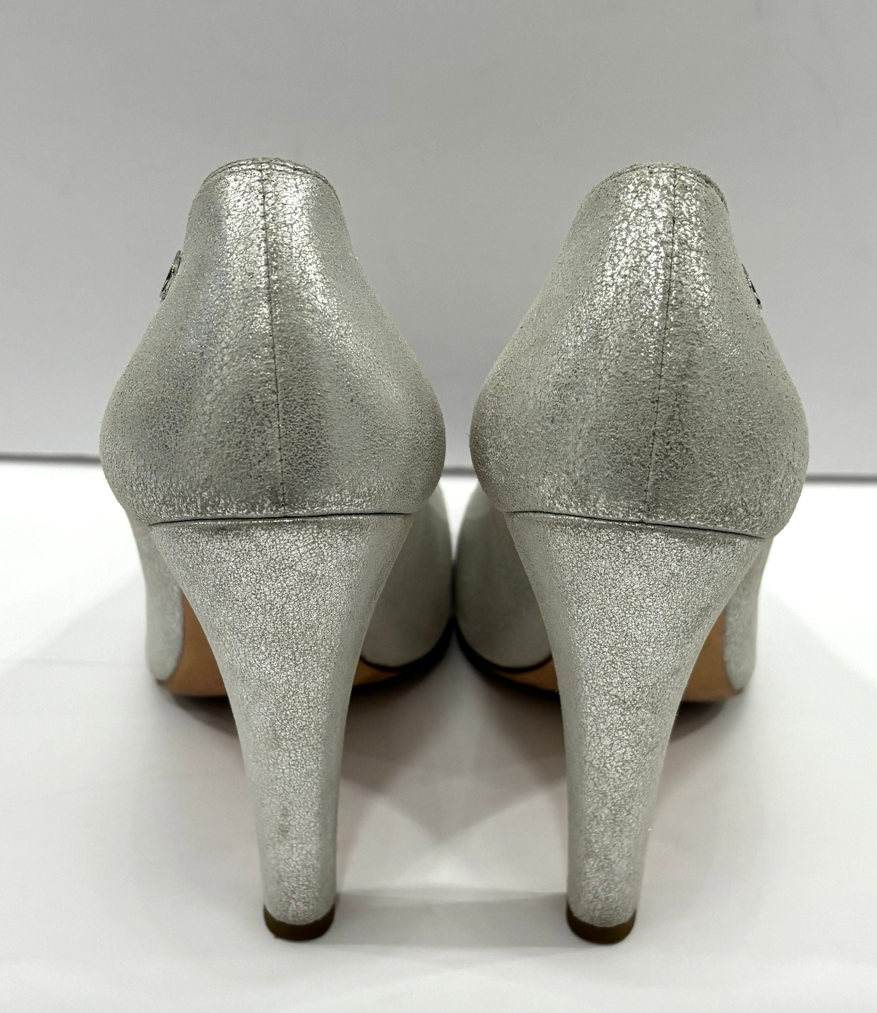 CHANEL METALLIC SILVER CC CAP TOE PUMPS