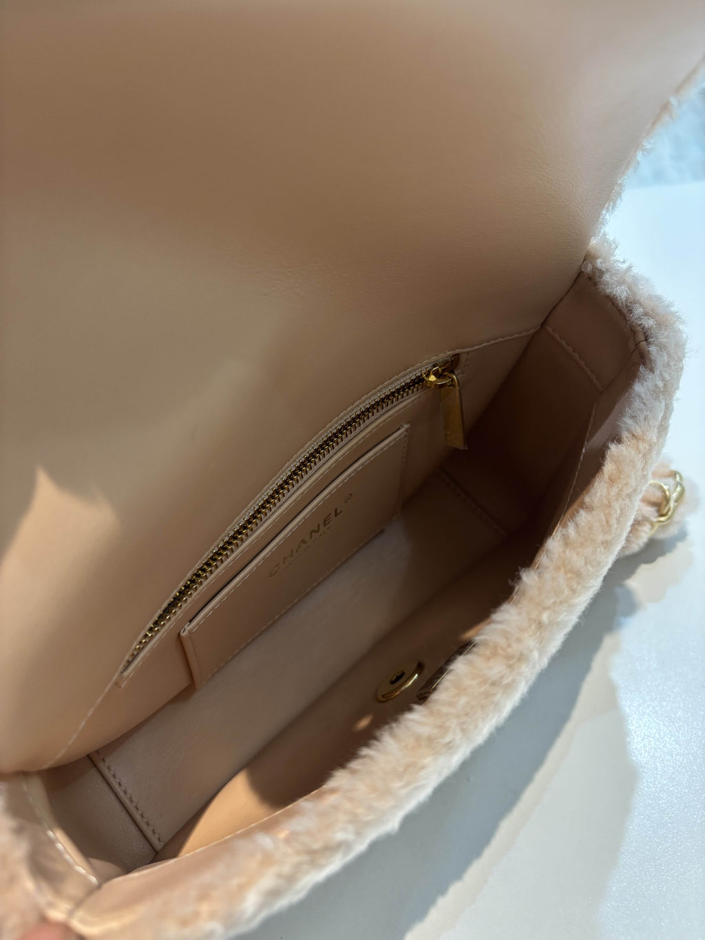 CHANEL SMALL CC LIGHT PINK SHEARLING BRUSHED GOLD HARDWARE FLAP BAG