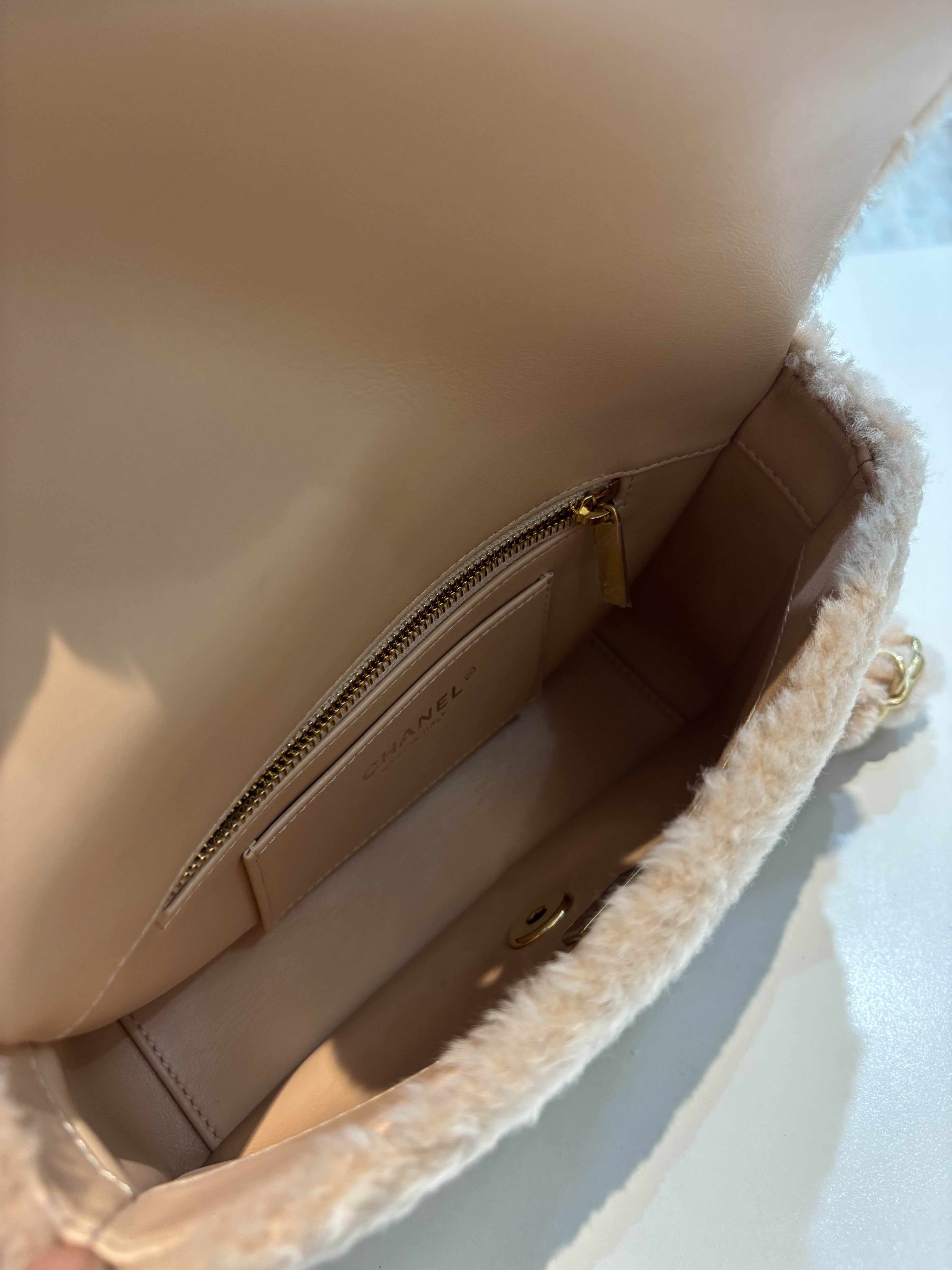 CHANEL SMALL CC LIGHT PINK SHEARLING BRUSHED GOLD HARDWARE FLAP BAG