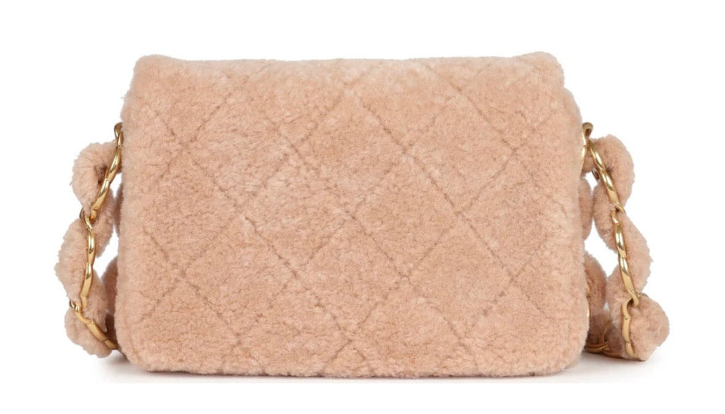 CHANEL SMALL CC LIGHT PINK SHEARLING BRUSHED GOLD HARDWARE FLAP BAG
