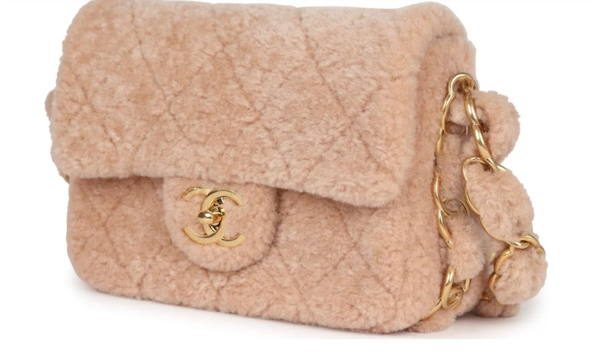 CHANEL SMALL CC LIGHT PINK SHEARLING BRUSHED GOLD HARDWARE FLAP BAG