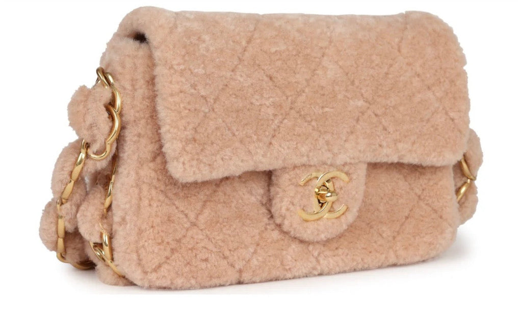 CHANEL SMALL CC LIGHT PINK SHEARLING BRUSHED GOLD HARDWARE FLAP BAG
