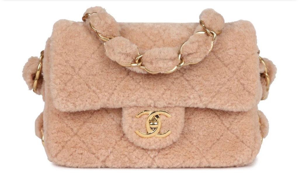 CHANEL SMALL CC LIGHT PINK SHEARLING BRUSHED GOLD HARDWARE FLAP BAG