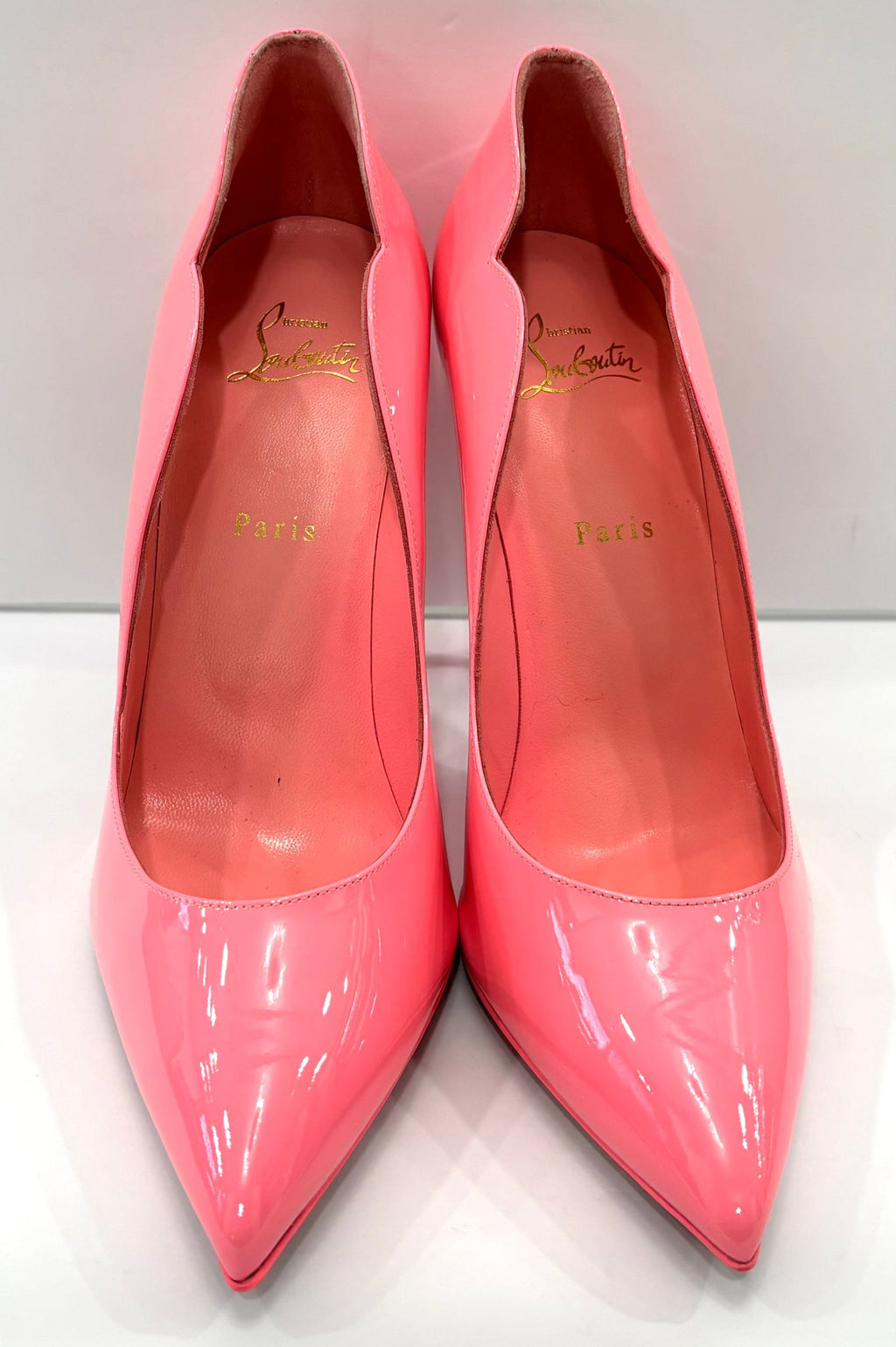 LOUBOUTIN NEON PINK PATENT LEATHER HOT CHICK 100 PUMPS
