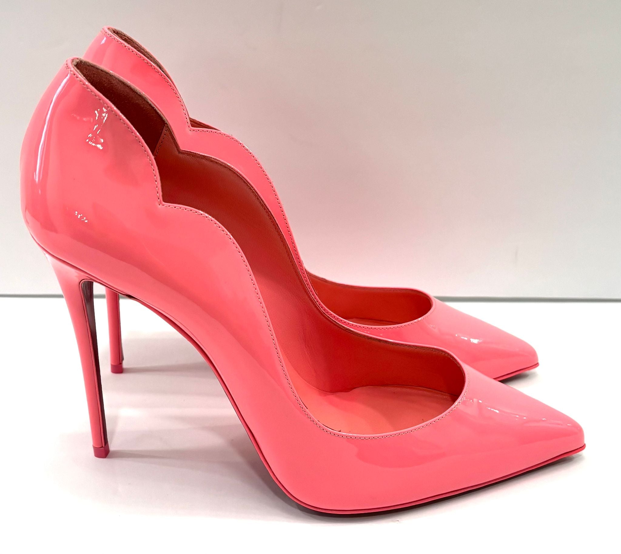 LOUBOUTIN NEON PINK PATENT LEATHER HOT CHICK 100 PUMPS