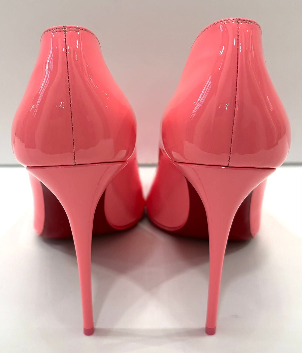 LOUBOUTIN NEON PINK PATENT LEATHER HOT CHICK 100 PUMPS