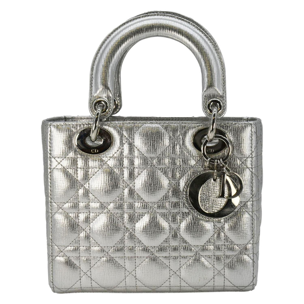 CHRISTIAN DIOR Lady Dior Lambskin Leather Shoulder Bag Metallic Silver