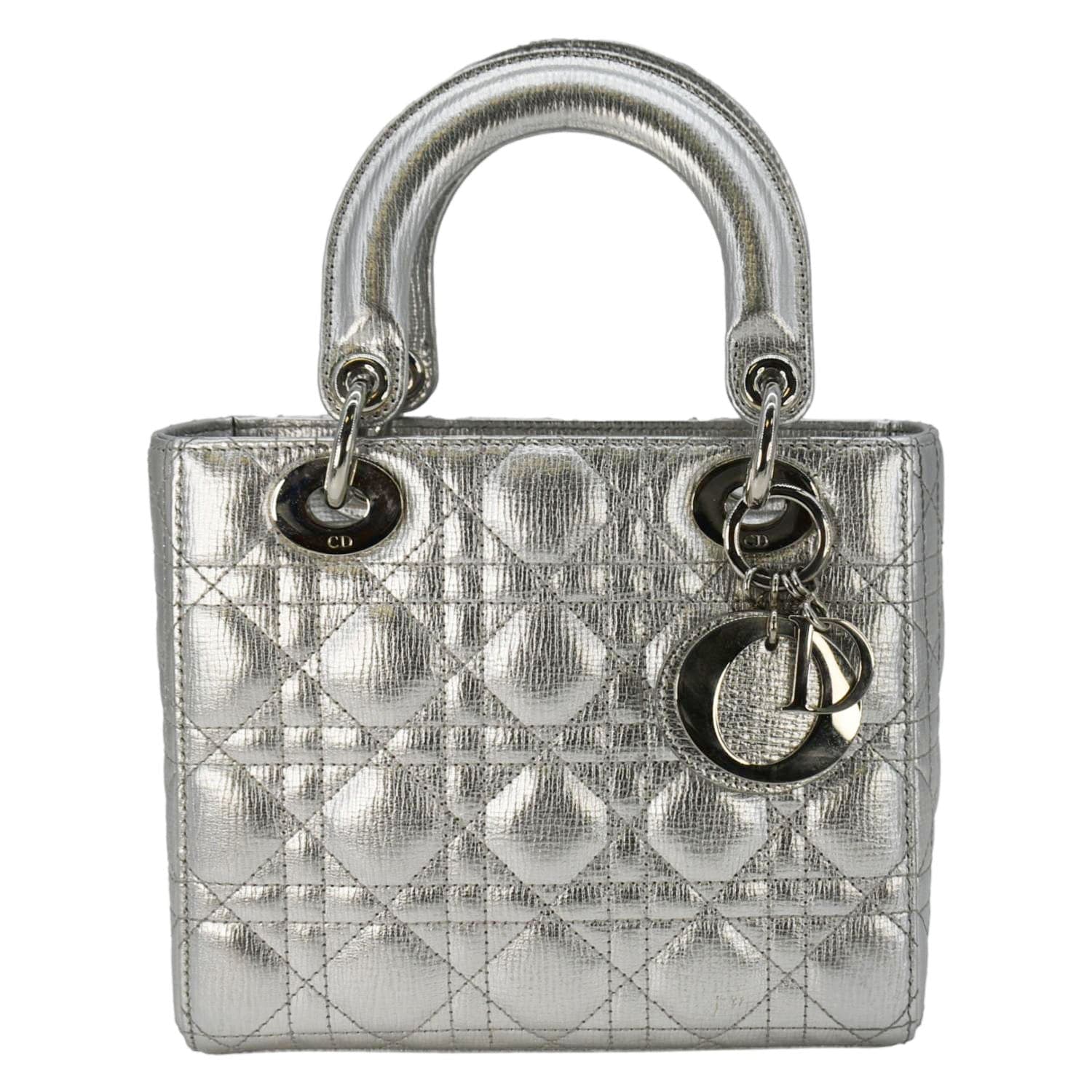 CHRISTIAN DIOR Lady Dior Lambskin Leather Shoulder Bag Metallic Silver
