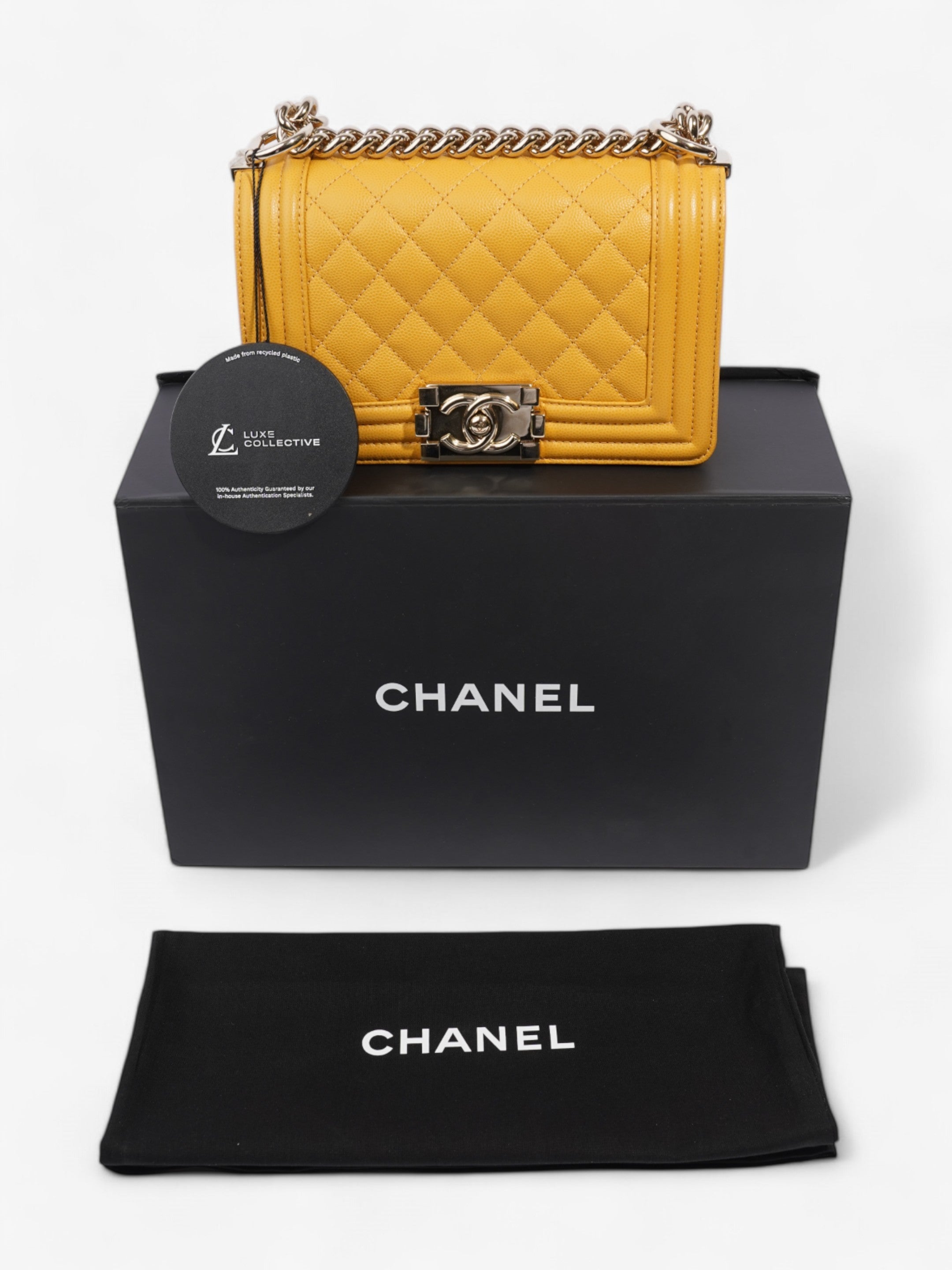 Chanel Boy Bag Mustard Caviar Leather Small