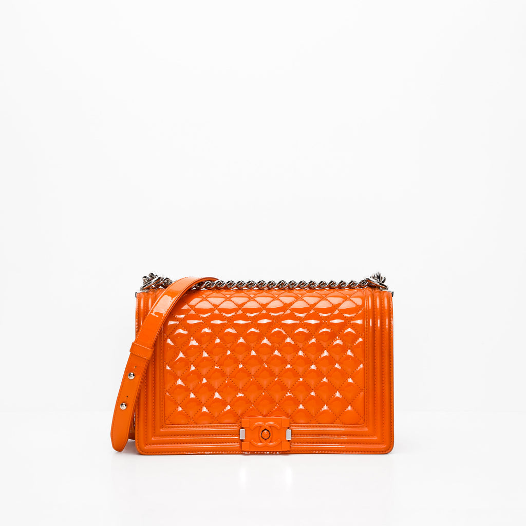 Chanel Patent Skin Quilted New Medium Le Boy Flap Orange