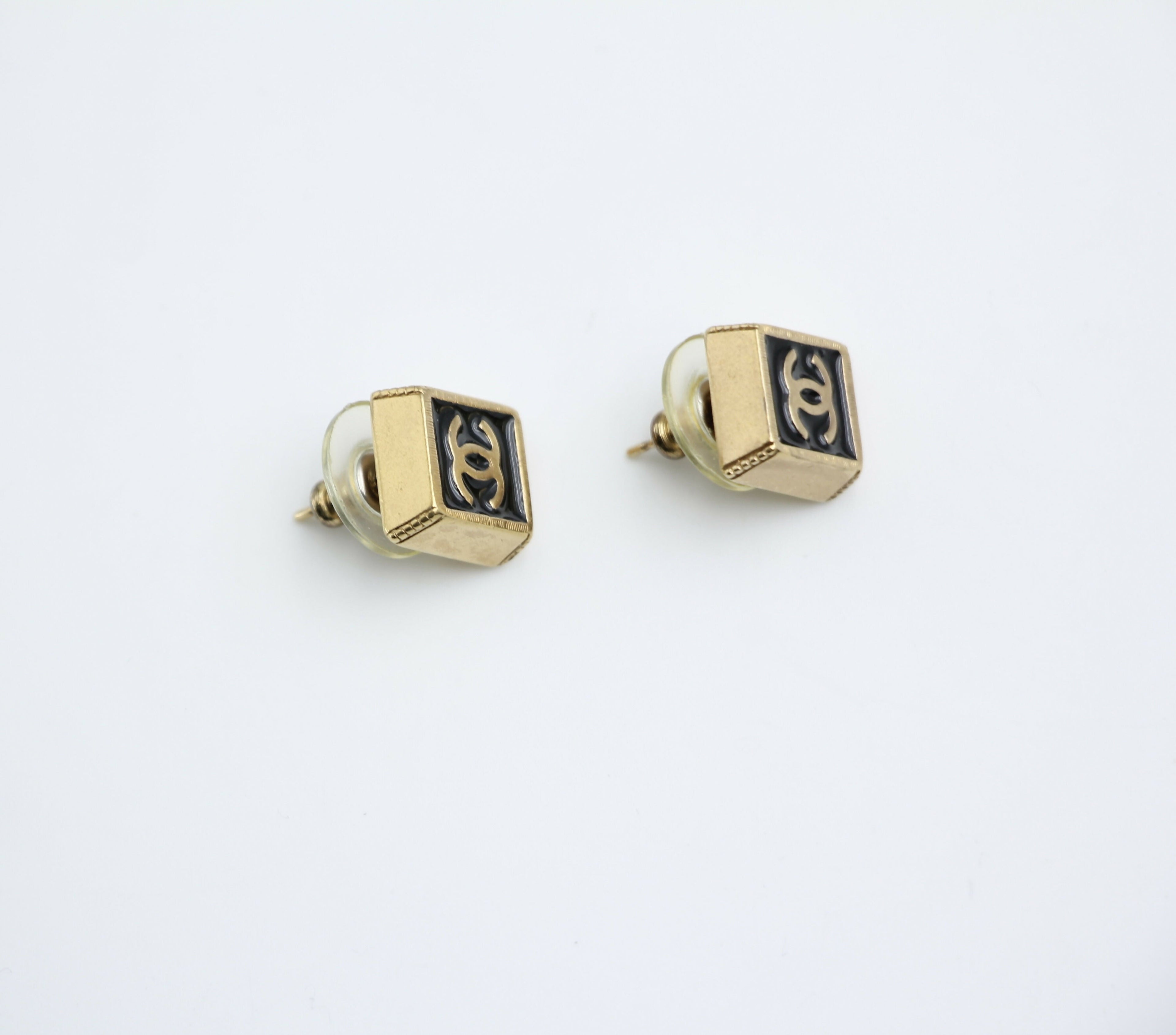 Chanel Vintage 03P Metal Square Black Stud Earrings