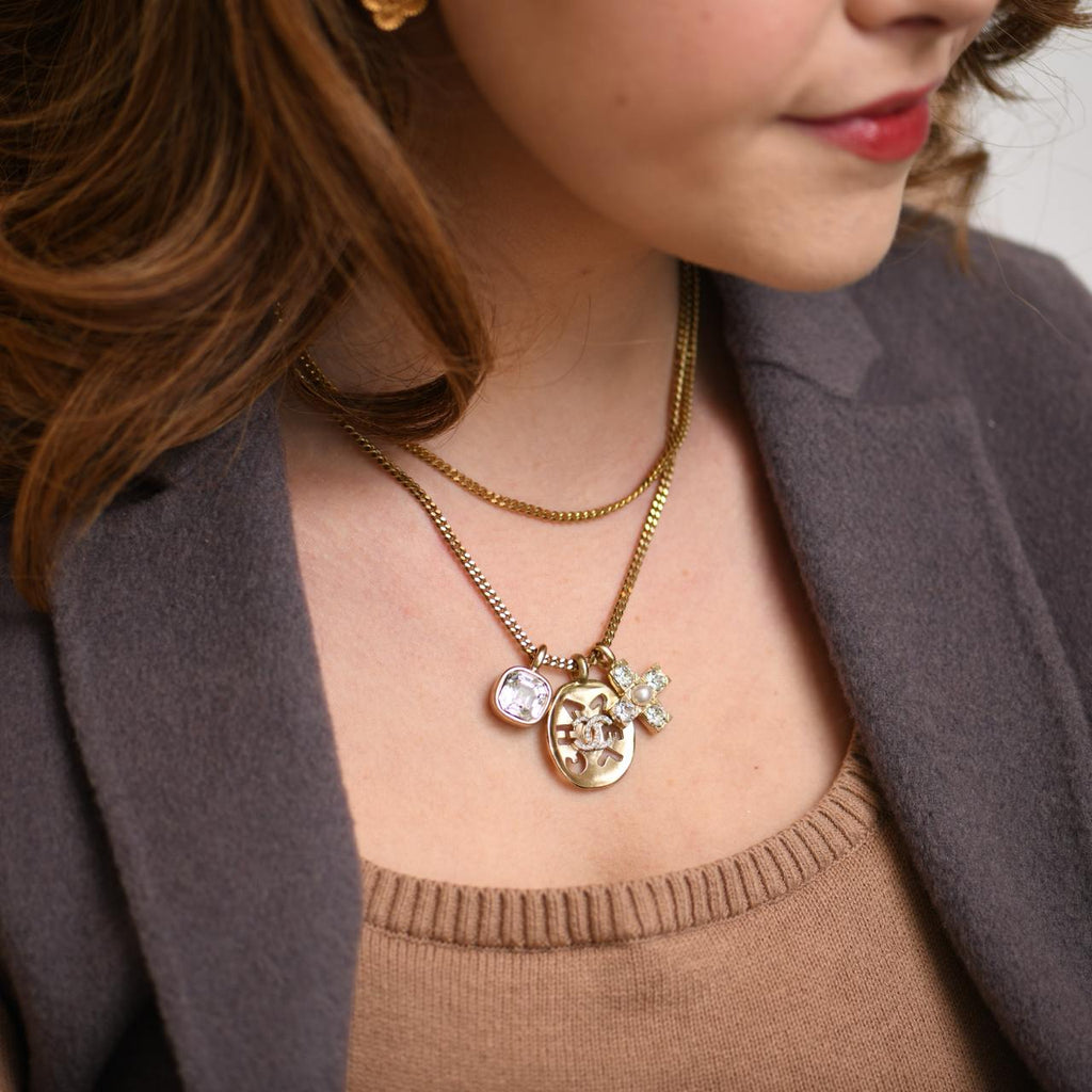 Chanel 2021 Multi Motif Crystal Gold Tone Pendant Necklace