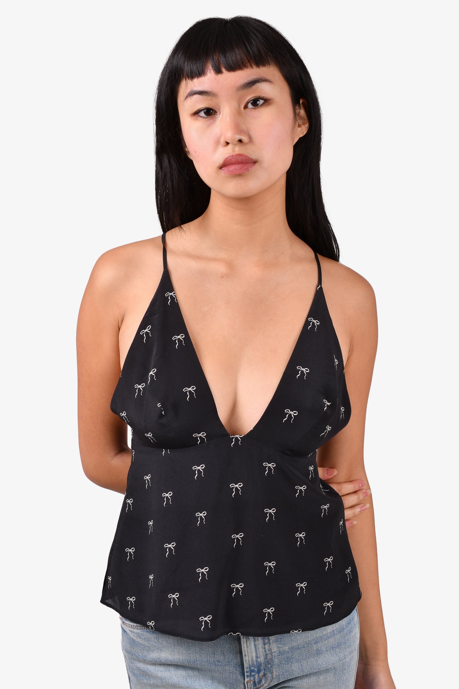 Cami NYC Black Bow Printed Silk 'Tula' Tank Top Size S