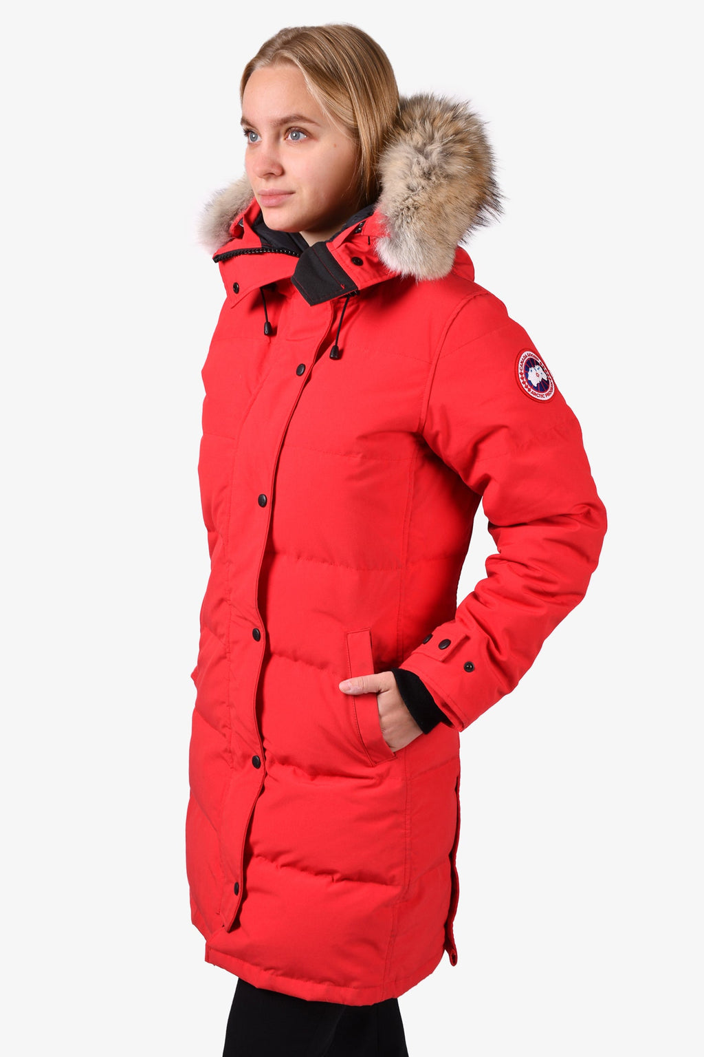 Canada Goose Red Down Long Puffer Jacket with Removable Fur Hood Size S