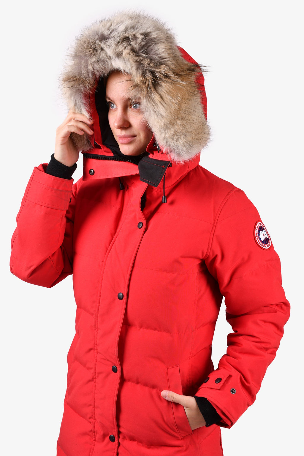 Canada Goose Red Down Long Puffer Jacket with Removable Fur Hood Size S