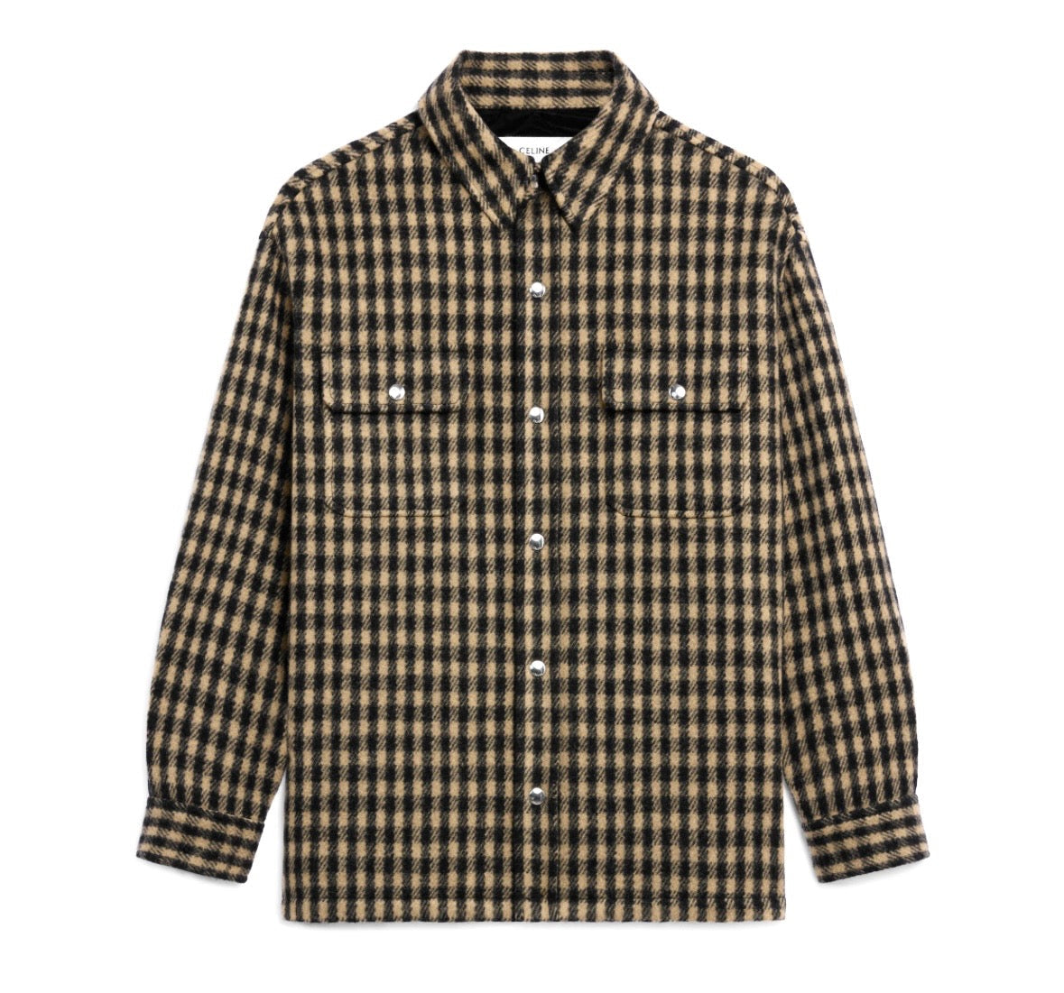 CÉLINE CHECKED WOOL OVERSHIRT IN CAMEL NOIR