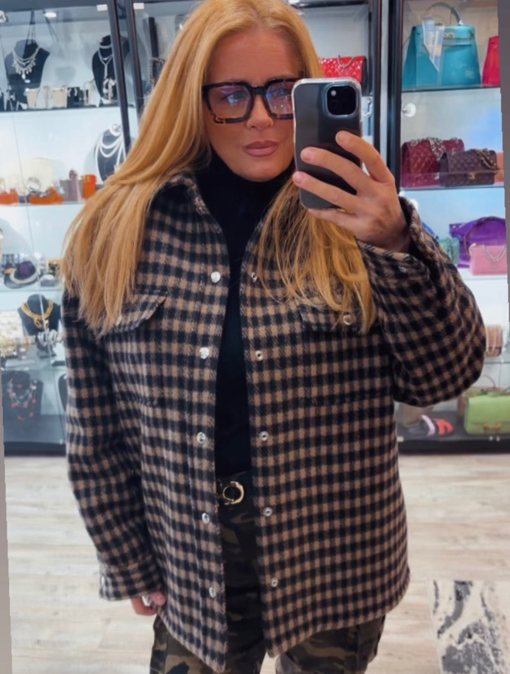 CÉLINE CHECKED WOOL OVERSHIRT IN CAMEL NOIR