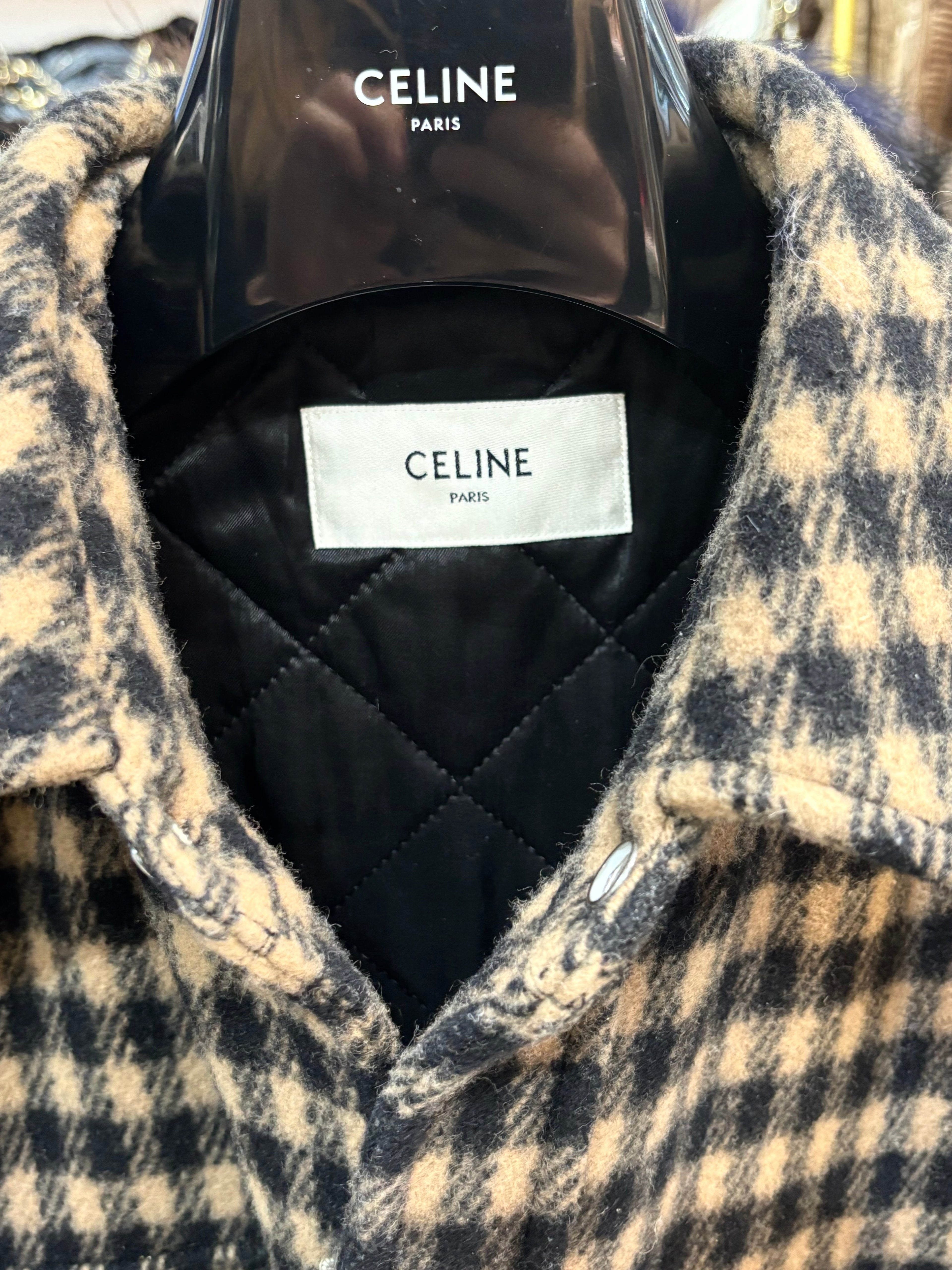 CÉLINE CHECKED WOOL OVERSHIRT IN CAMEL NOIR