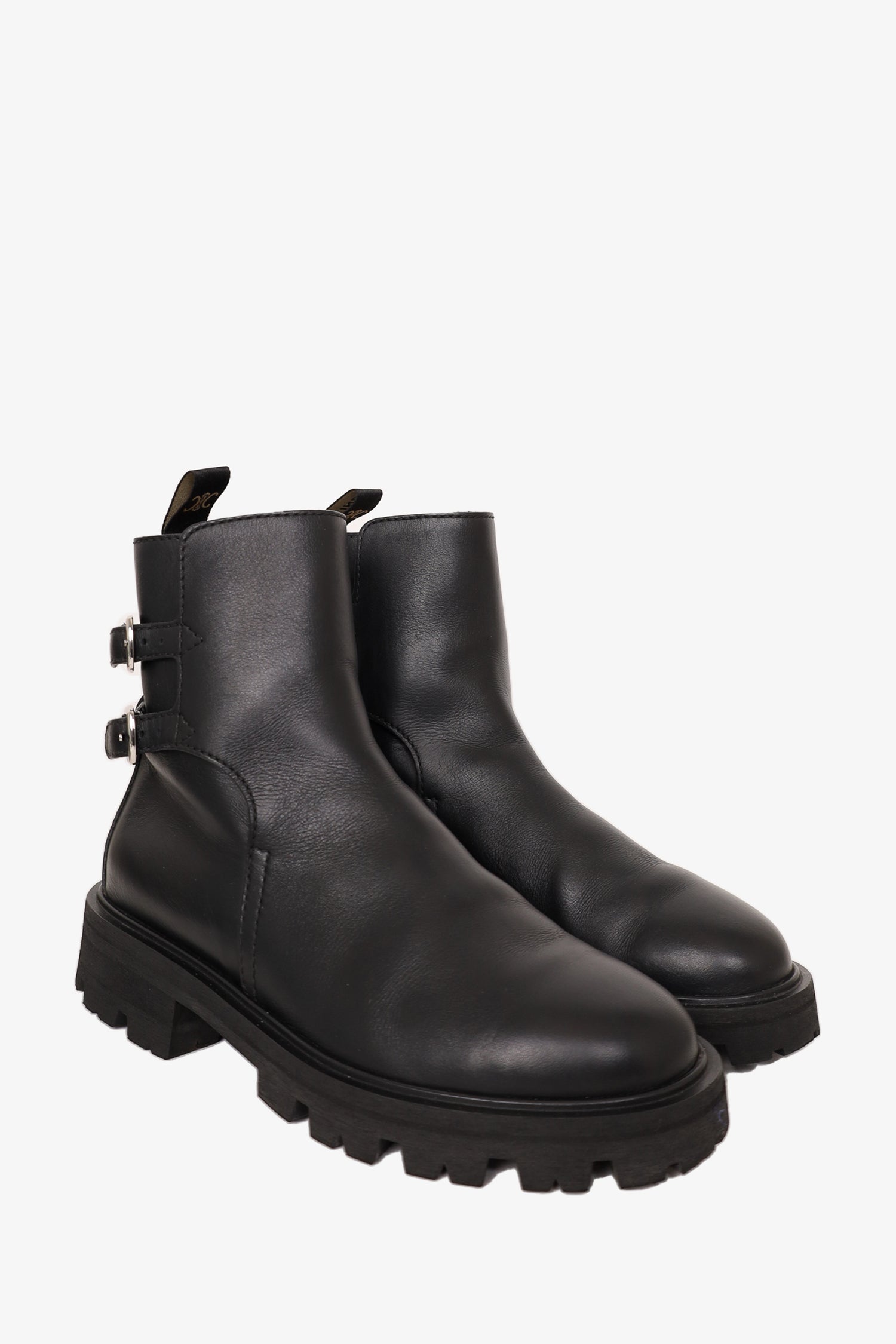 Celine Black Leather Double Buckled Ankle Boots Size 37