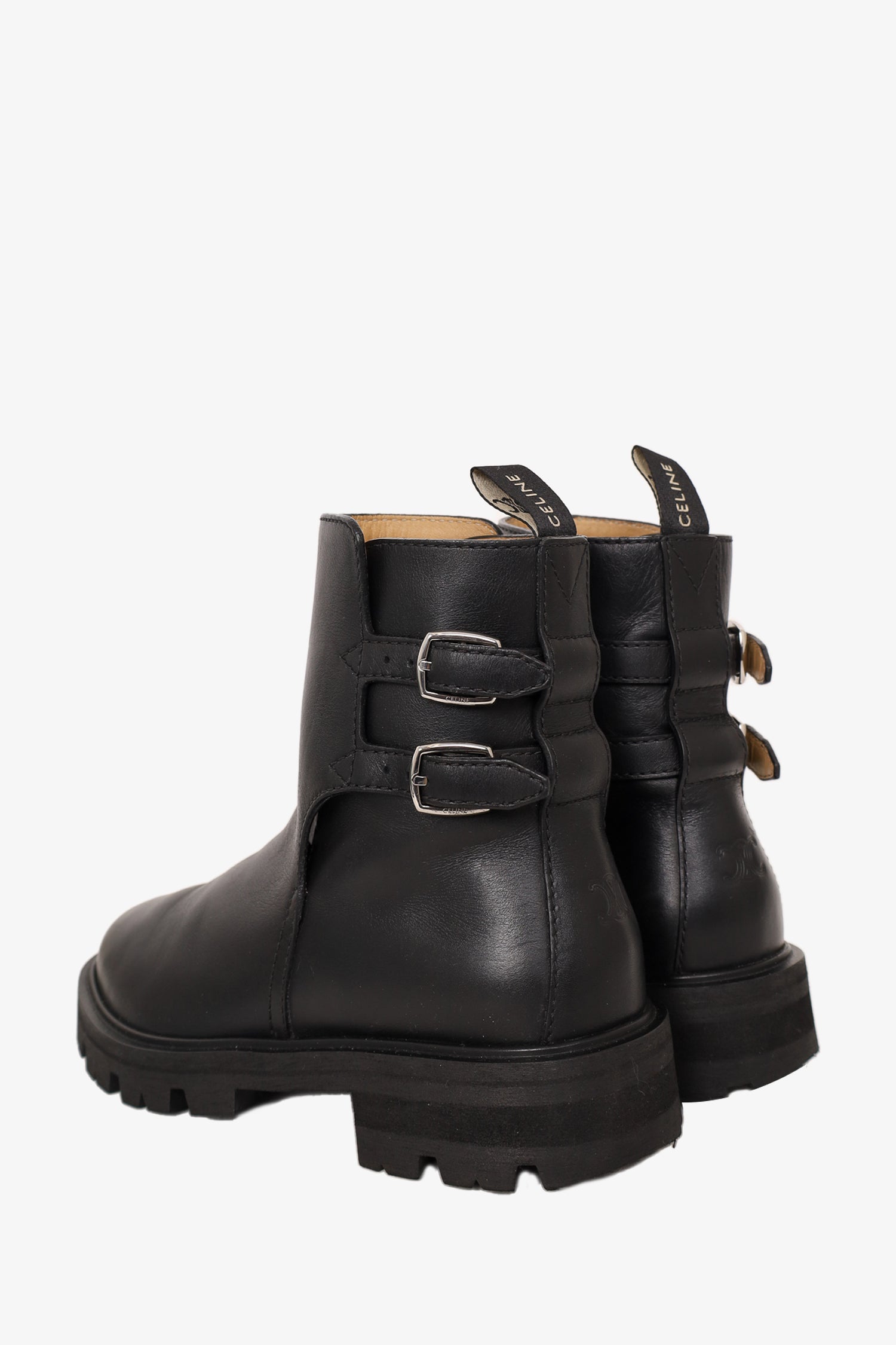 Celine Black Leather Double Buckled Ankle Boots Size 37