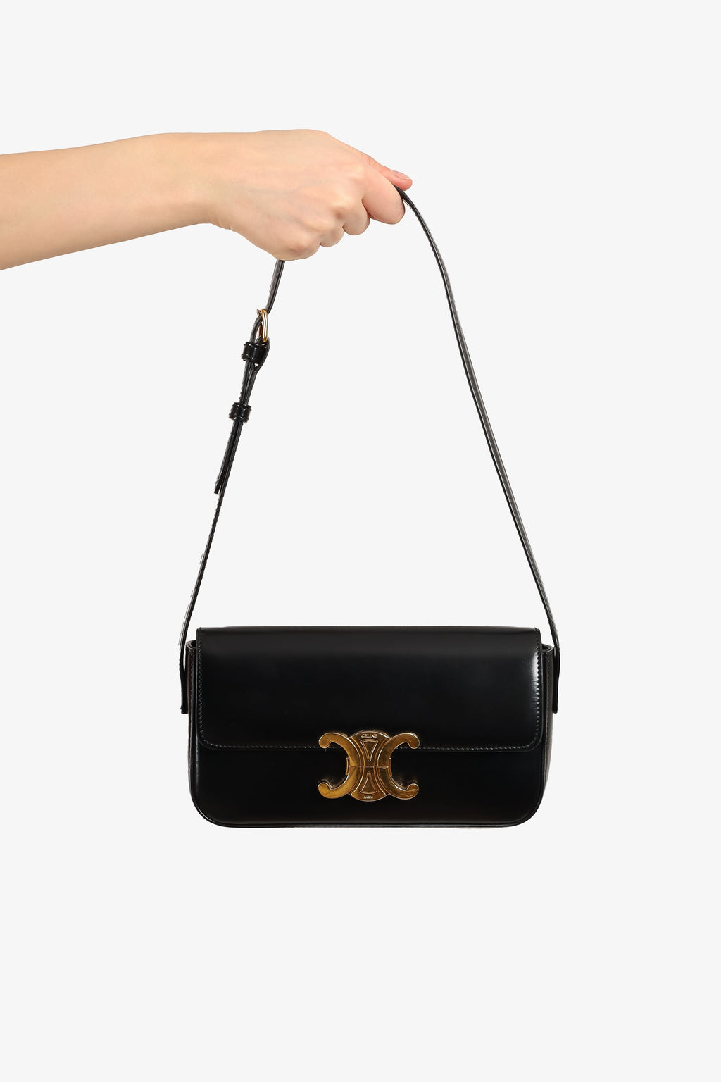 Celine Black Shiny Calfskin Triomphe Shoulder Bag Claude