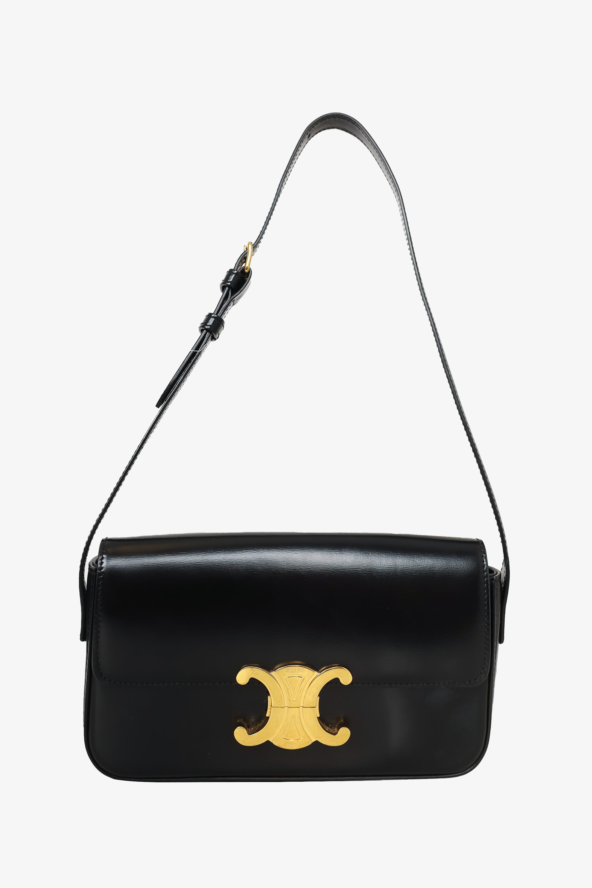Celine Black Shiny Calfskin Triomphe Shoulder Bag Claude