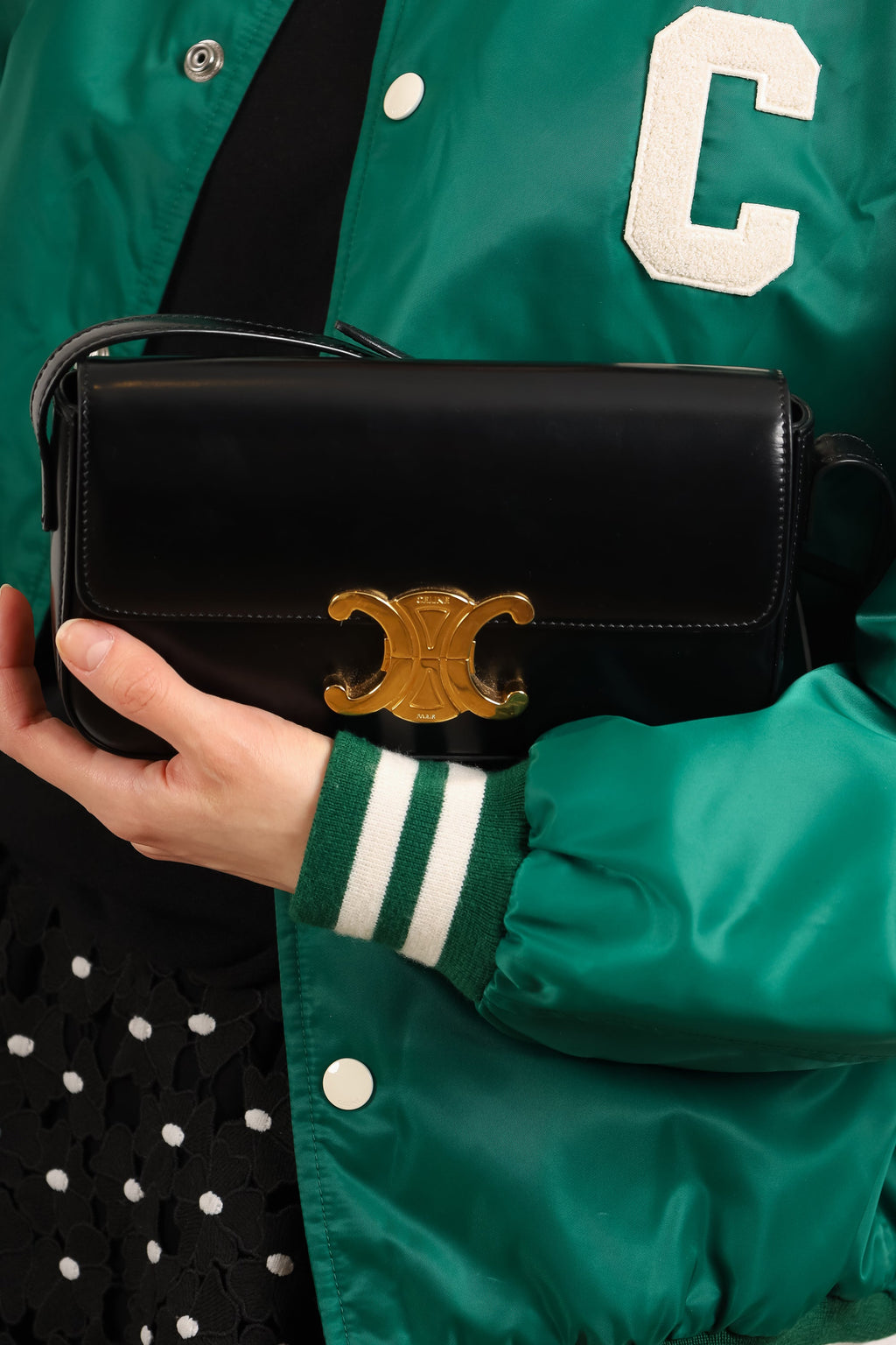 Celine Black Shiny Calfskin Triomphe Shoulder Bag Claude