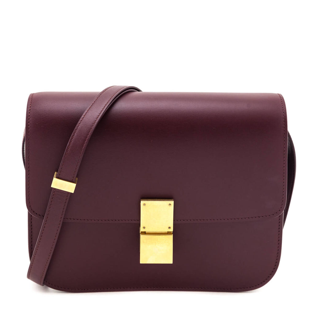 Celine Burgundy Box Calfskin Medium Classic Box Flap