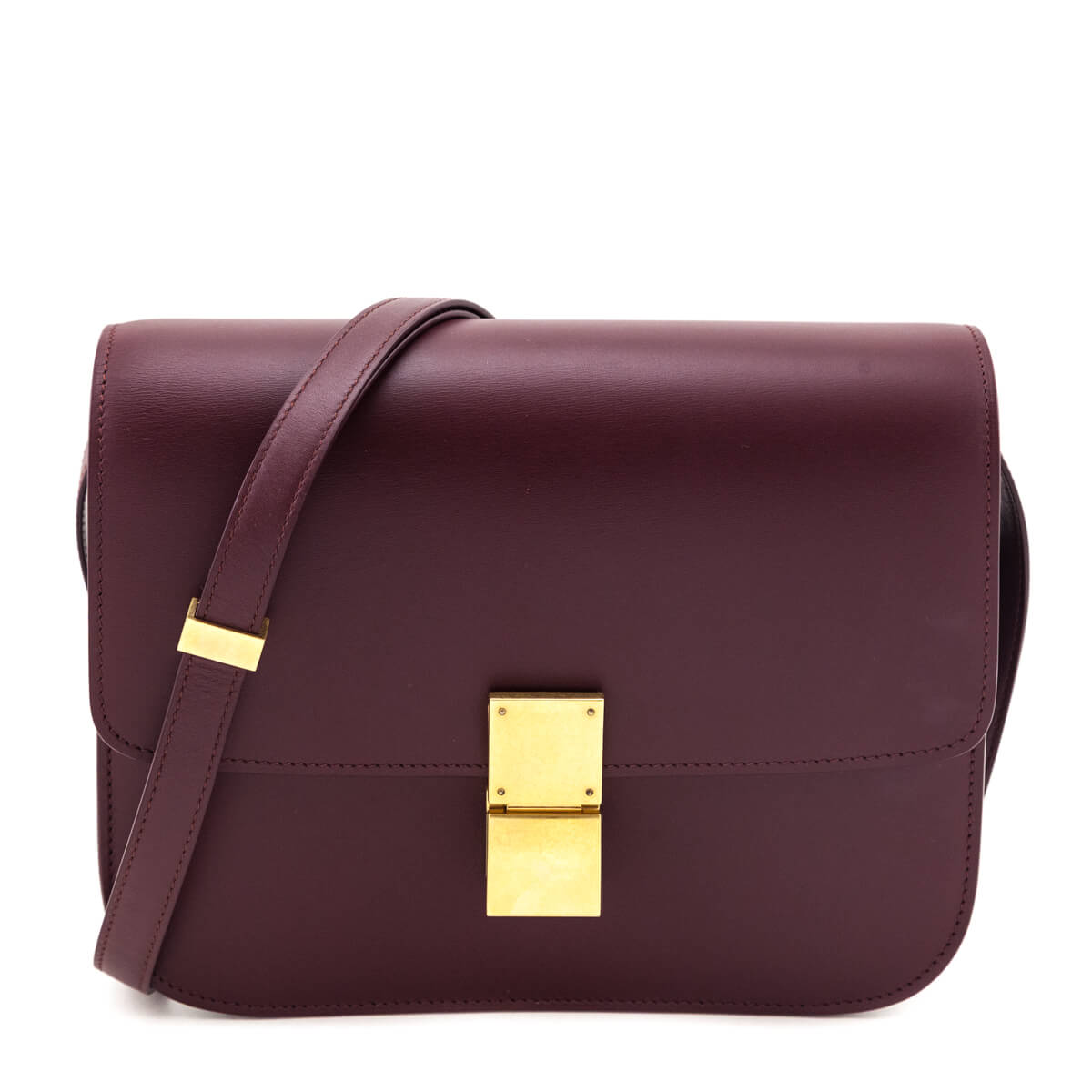 Celine Burgundy Box Calfskin Medium Classic Box Flap