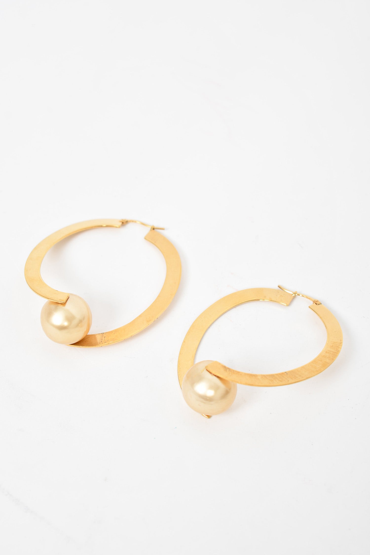 Celine Gold Toned Flat Hoop Earrings w/ Faux Pearl