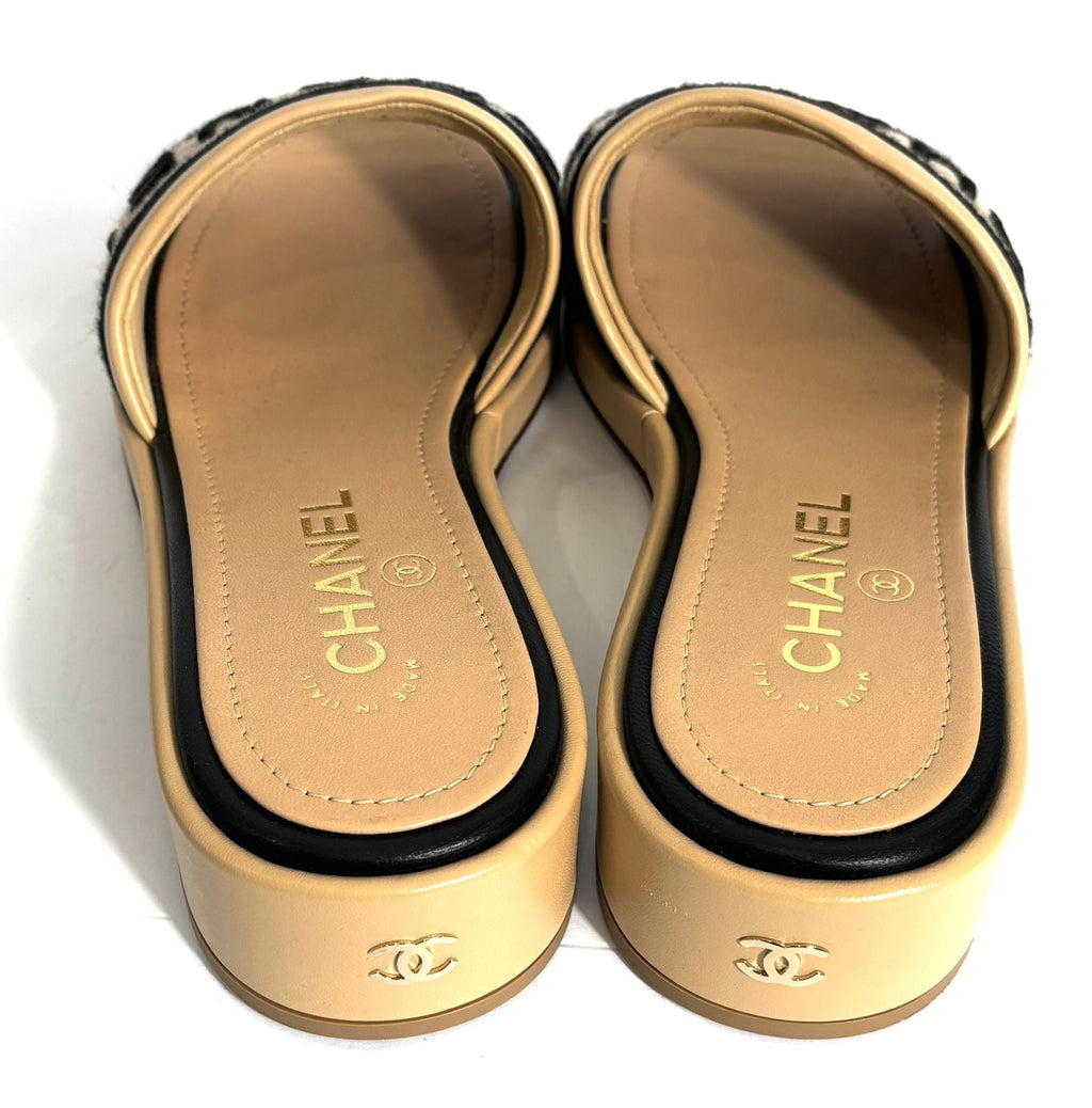 CHANEL LAMBSKIN LEATHER EMBROIDERED LOGO MULES